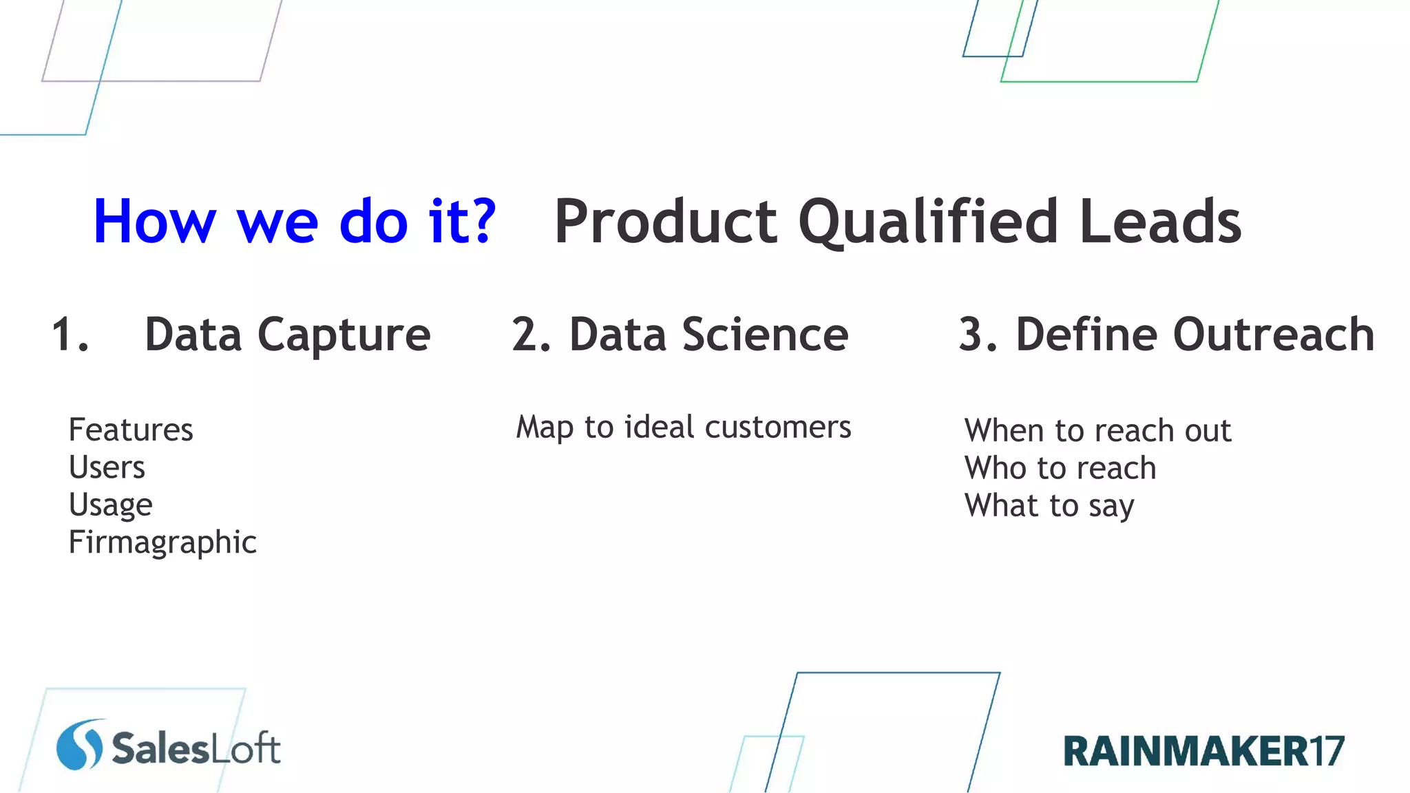 1. Data Capture
Features
Users
Usage
Firmagraphic
2. Data Science 3. Define Outreach
Map to ideal customers When to reach out
Who to reach
What to say
How we do it? Product Qualified Leads
 