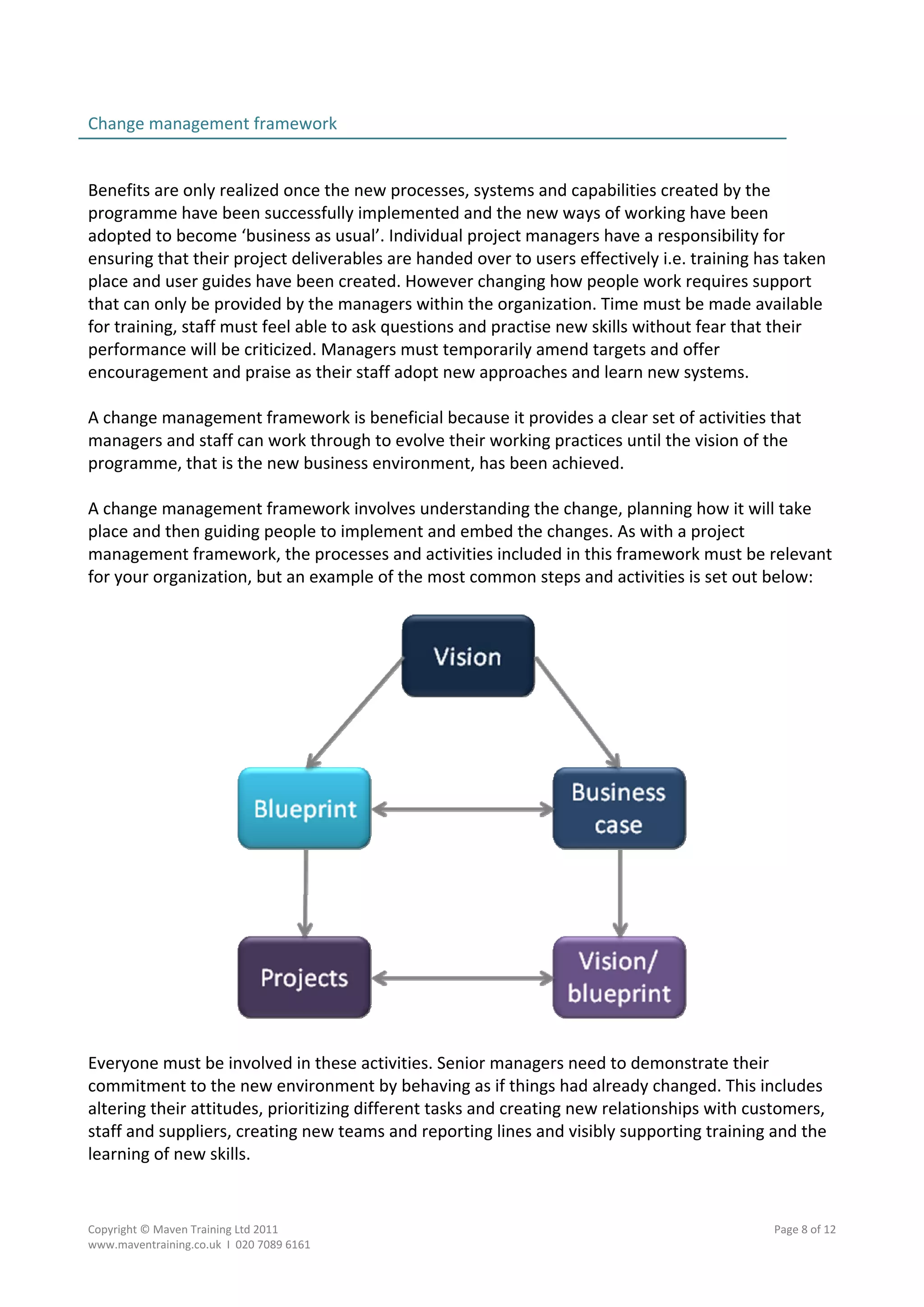 Change management framework                                                                         
                                                                                                     
 
Benefits are only realized once the new processes, systems and capabilities created by the 
programme have been successfully implemented and the new ways of working have been 
adopted to become ‘business as usual’. Individual project managers have a responsibility for 
ensuring that their project deliverables are handed over to users effectively i.e. training has taken 
place and user guides have been created. However changing how people work requires support 
that can only be provided by the managers within the organization. Time must be made available 
for training, staff must feel able to ask questions and practise new skills without fear that their 
performance will be criticized. Managers must temporarily amend targets and offer 
encouragement and praise as their staff adopt new approaches and learn new systems. 
 
A change management framework is beneficial because it provides a clear set of activities that 
managers and staff can work through to evolve their working practices until the vision of the 
programme, that is the new business environment, has been achieved.  
 
A change management framework involves understanding the change, planning how it will take 
place and then guiding people to implement and embed the changes. As with a project 
management framework, the processes and activities included in this framework must be relevant 
for your organization, but an example of the most common steps and activities is set out below: 
 




                                                                                     
 
Everyone must be involved in these activities. Senior managers need to demonstrate their 
commitment to the new environment by behaving as if things had already changed. This includes 
altering their attitudes, prioritizing different tasks and creating new relationships with customers, 
staff and suppliers, creating new teams and reporting lines and visibly supporting training and the 
learning of new skills. 


Copyright © Maven Training Ltd 2011                                                           Page 8 of 12  
www.maventraining.co.uk  І  020 7089 6161 
 