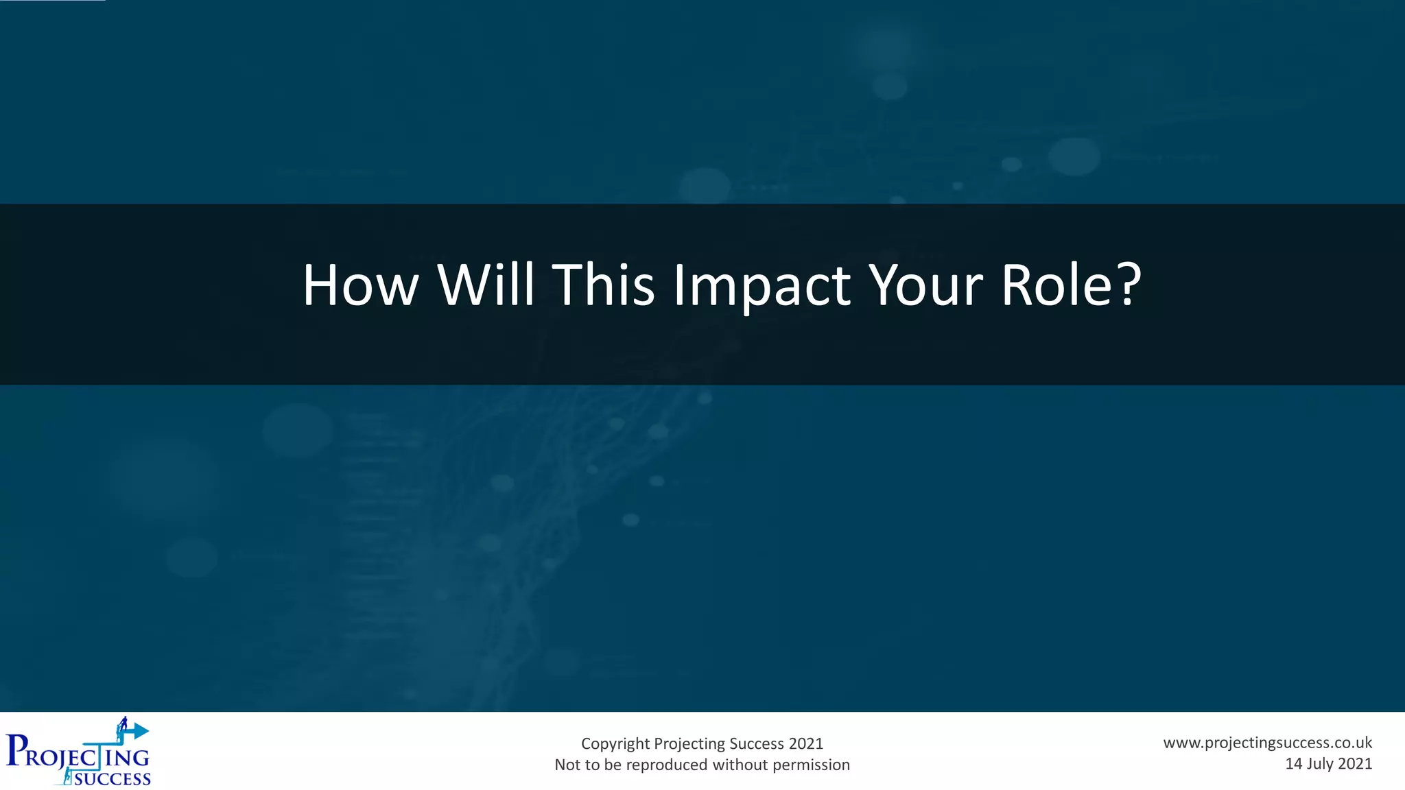 Copyright Projecting Success 2021
Not to be reproduced without permission
www.projectingsuccess.co.uk
14 July 2021
How Will This Impact Your Role?
 