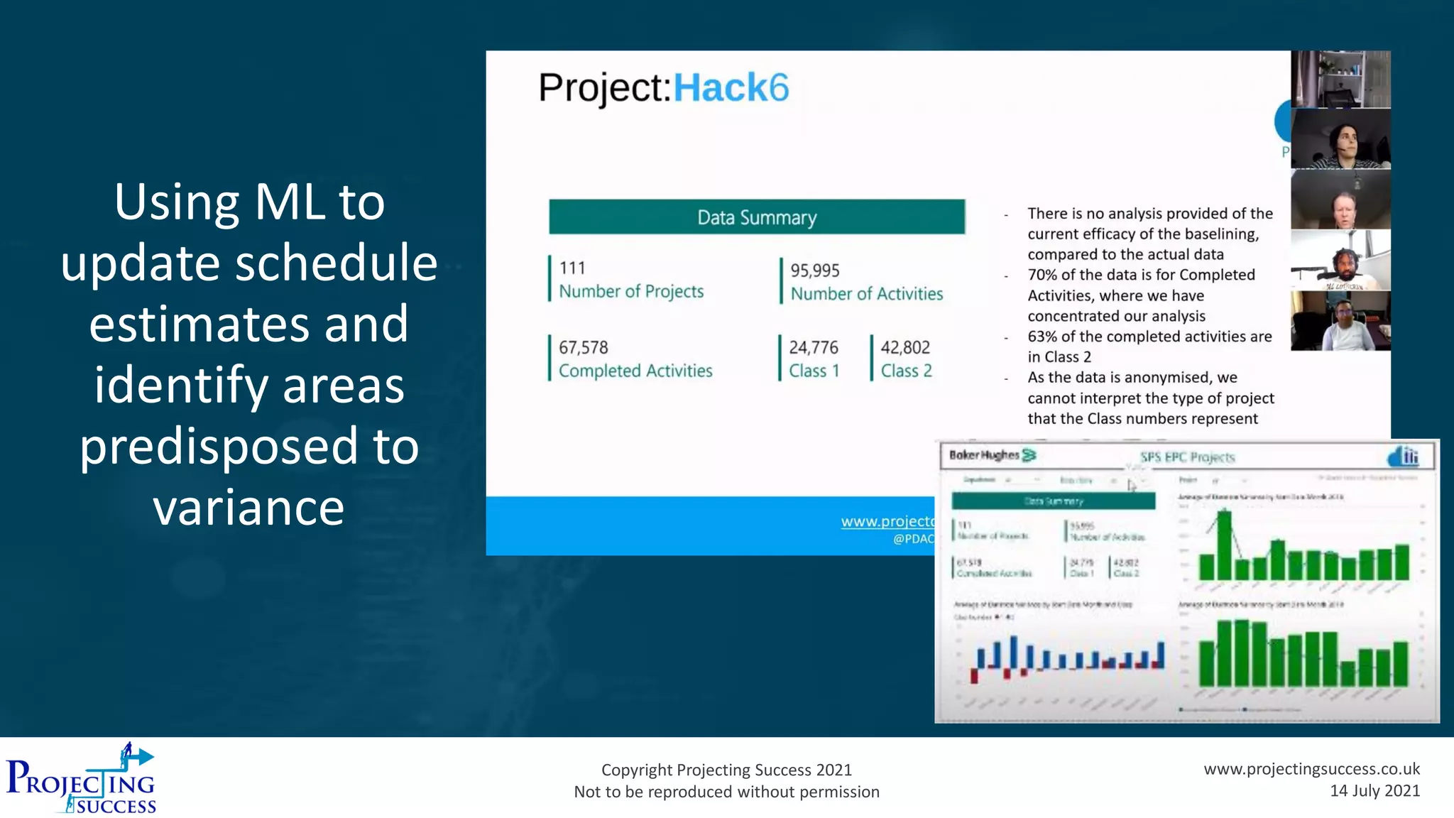 Copyright Projecting Success 2021
Not to be reproduced without permission
www.projectingsuccess.co.uk
14 July 2021
Using ML to
update schedule
estimates and
identify areas
predisposed to
variance
 