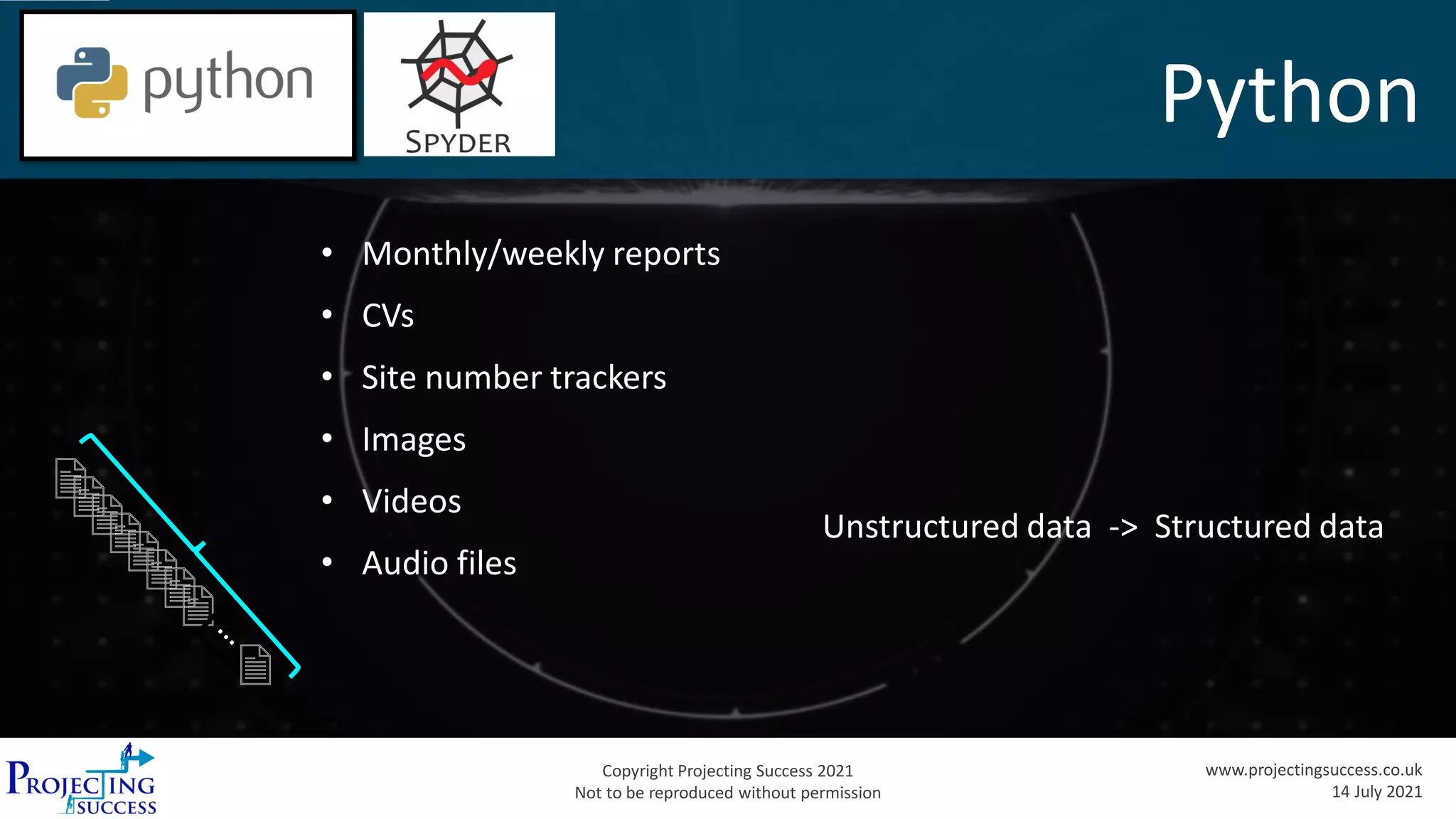 Copyright Projecting Success 2021
Not to be reproduced without permission
www.projectingsuccess.co.uk
14 July 2021
Python
• Monthly/weekly reports
• CVs
• Site number trackers
• Images
• Videos
• Audio files
Unstructured data -> Structured data
 