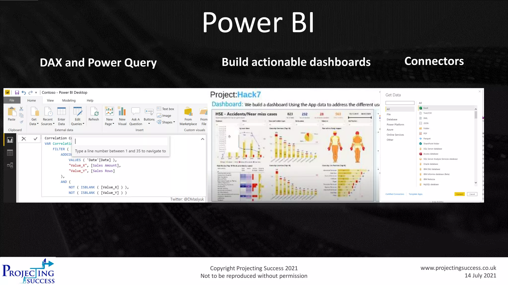 Copyright Projecting Success 2021
Not to be reproduced without permission
www.projectingsuccess.co.uk
14 July 2021
Power BI
Connectors
Build actionable dashboards
DAX and Power Query
 