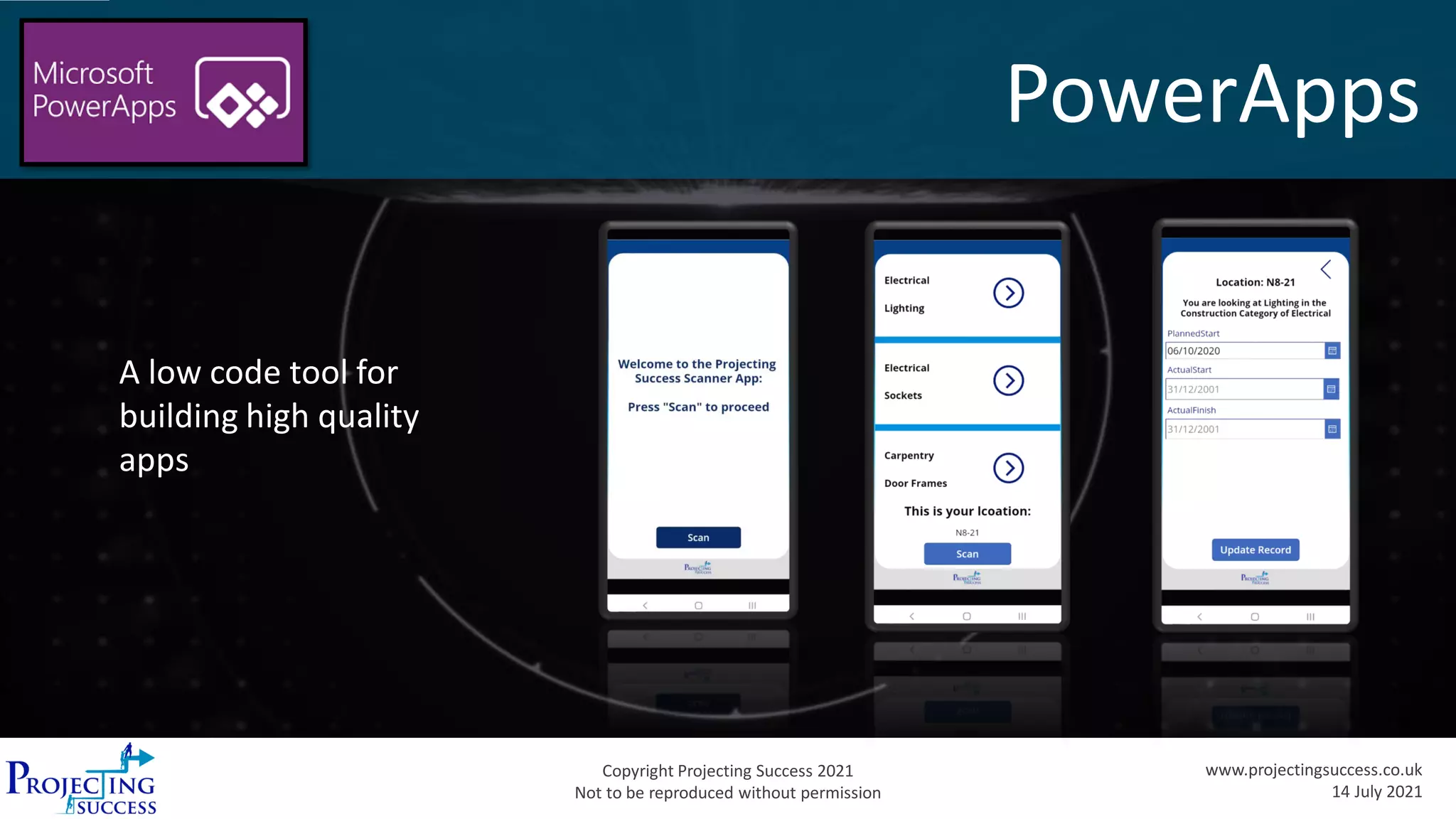 Copyright Projecting Success 2021
Not to be reproduced without permission
www.projectingsuccess.co.uk
14 July 2021
PowerApps
A low code tool for
building high quality
apps
 