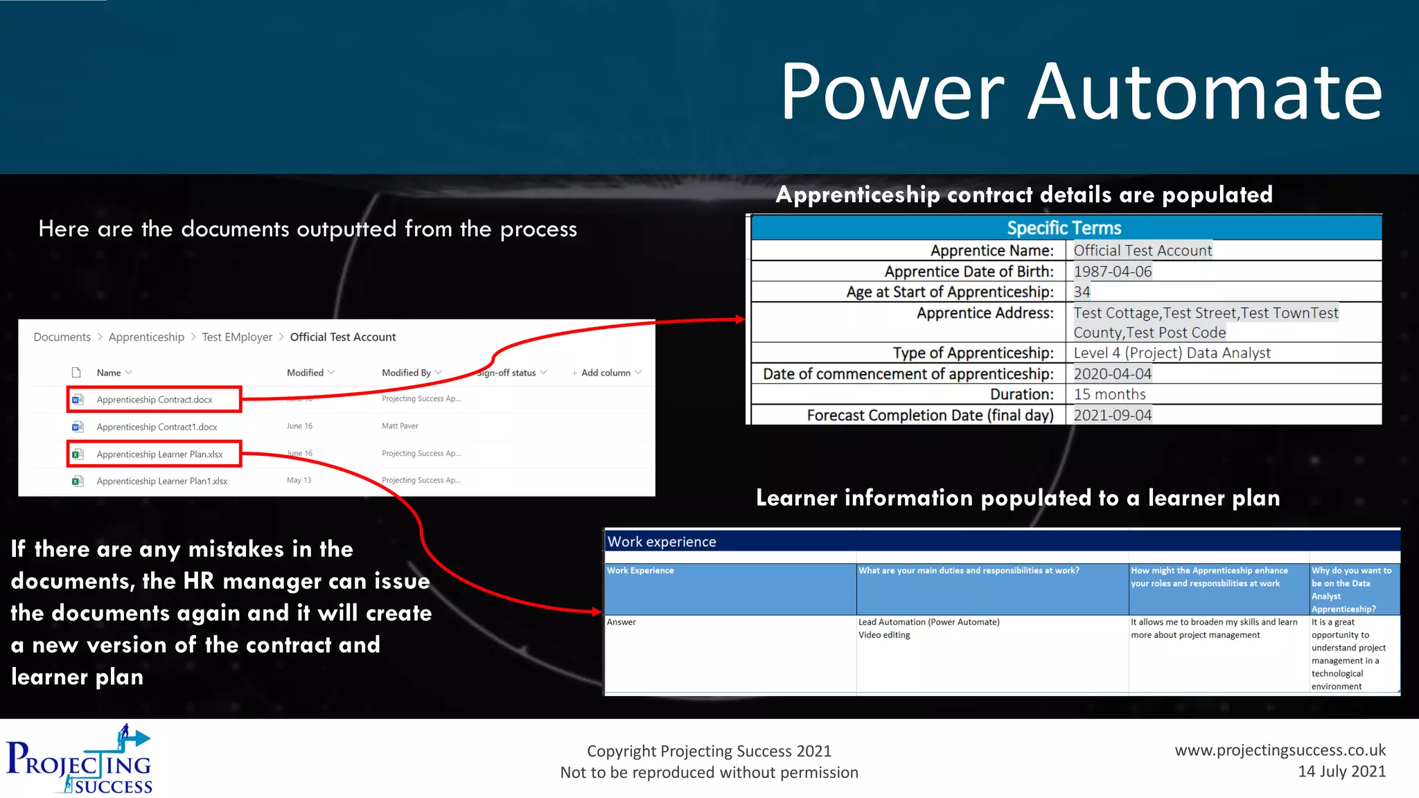 Copyright Projecting Success 2021
Not to be reproduced without permission
www.projectingsuccess.co.uk
14 July 2021
Power Automate
Apprenticeship contract details are populated
Learner information populated to a learner plan
If there are any mistakes in the
documents, the HR manager can issue
the documents again and it will create
a new version of the contract and
learner plan
Here are the documents outputted from the process
 