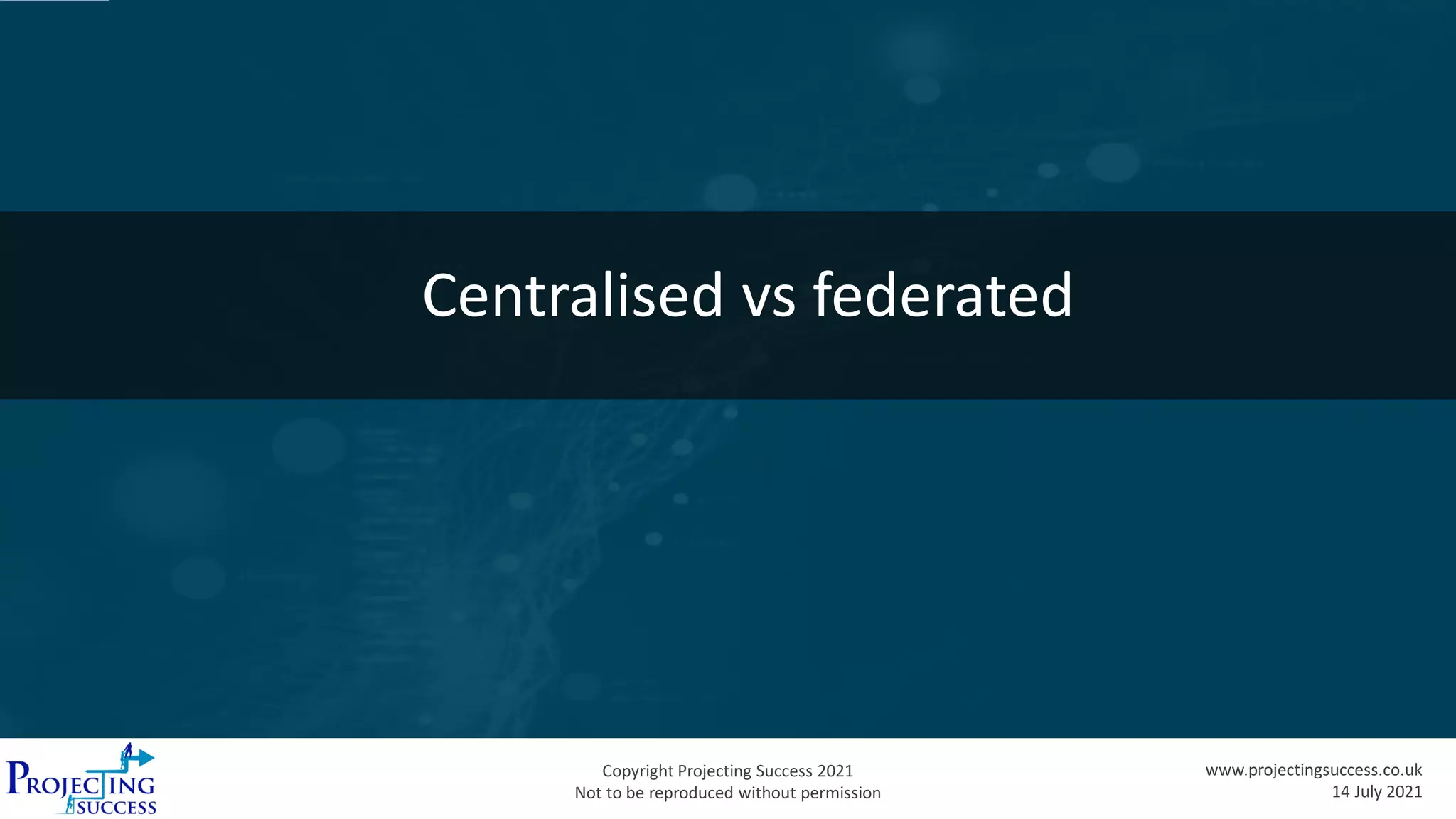 Copyright Projecting Success 2021
Not to be reproduced without permission
www.projectingsuccess.co.uk
14 July 2021
Centralised vs federated
 