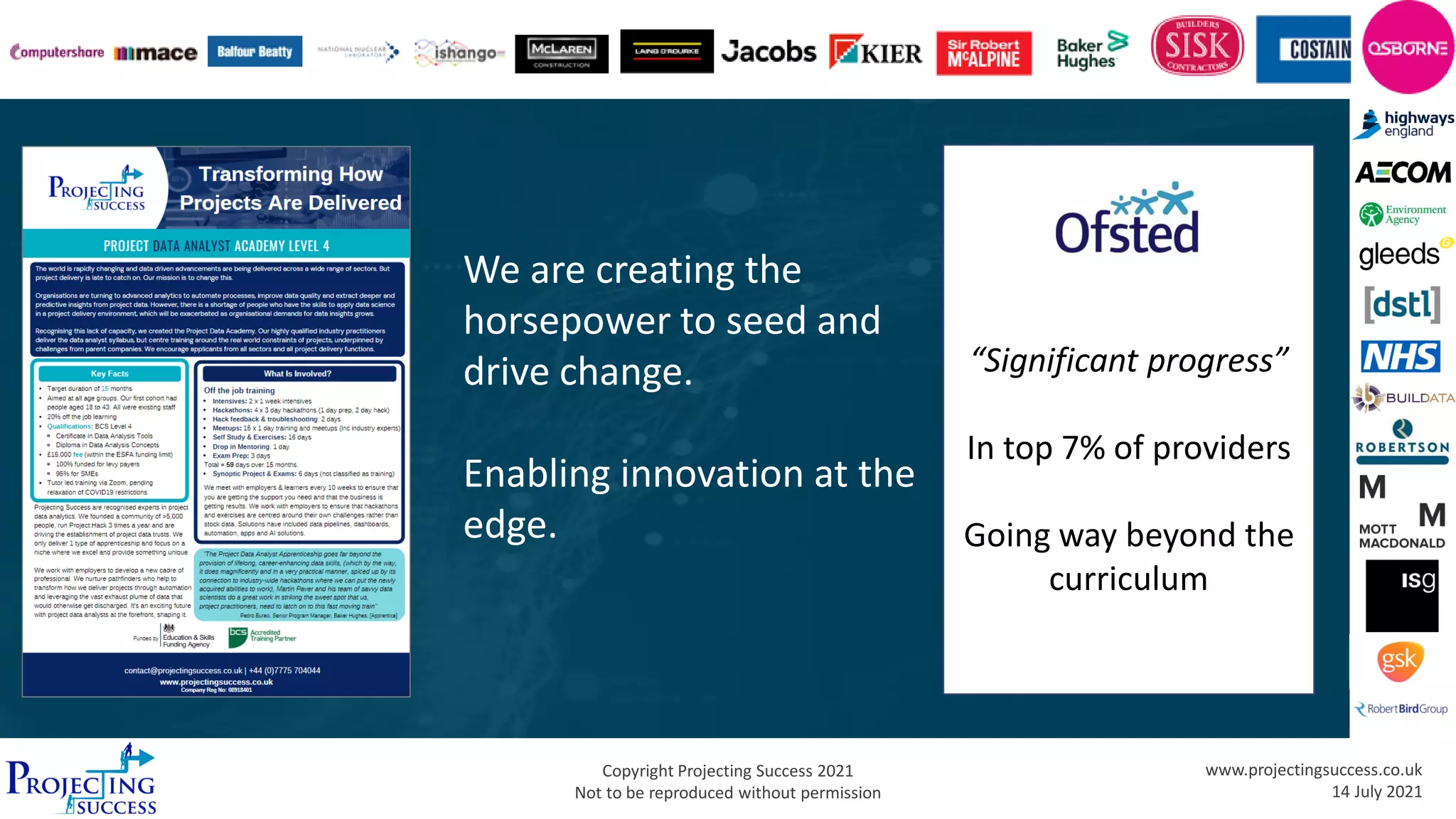 Copyright Projecting Success 2021
Not to be reproduced without permission
www.projectingsuccess.co.uk
14 July 2021
We are creating the
horsepower to seed and
drive change.
Enabling innovation at the
edge.
“Significant progress”
In top 7% of providers
Going way beyond the
curriculum
 