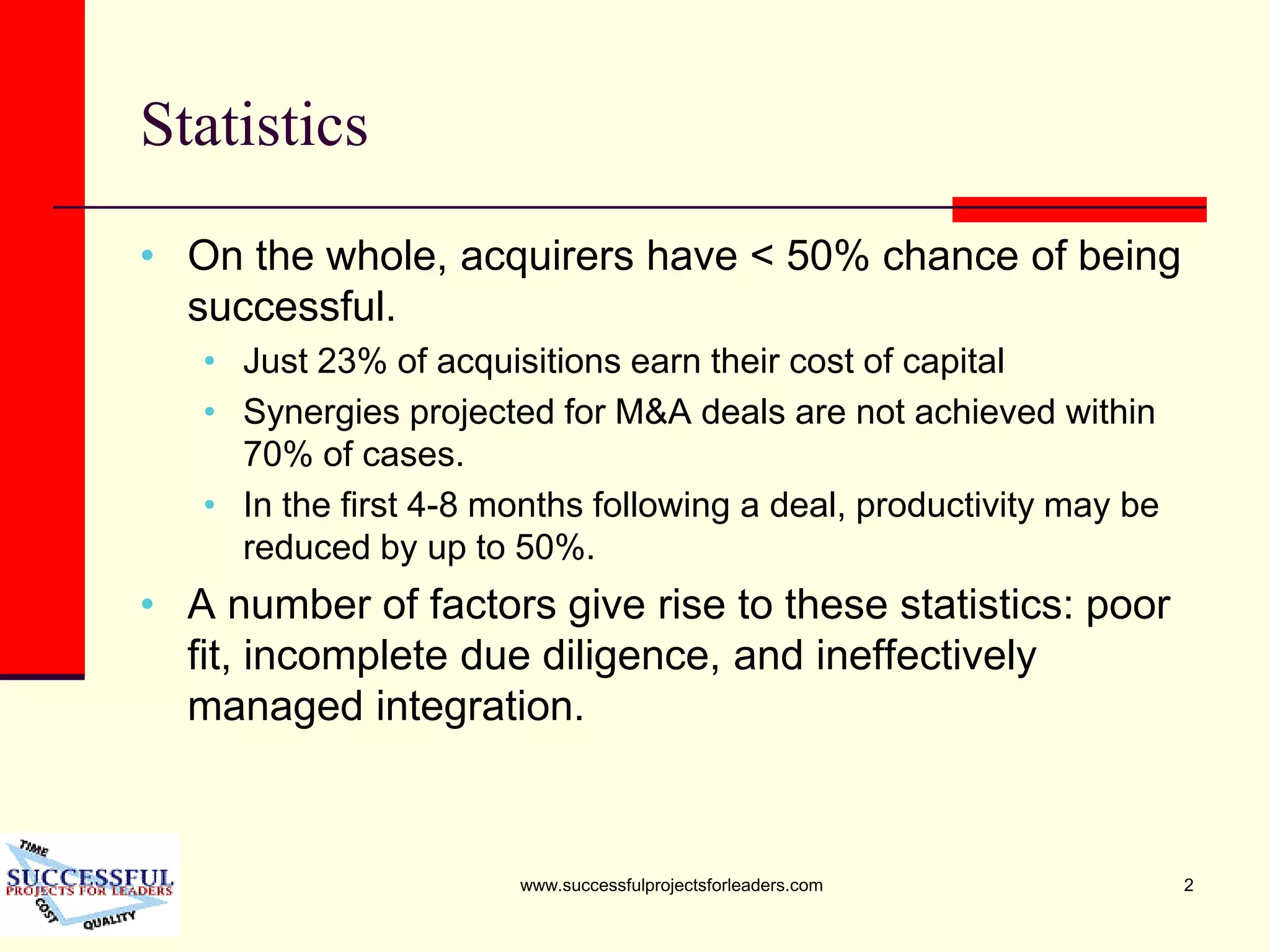 www.successfulprojectsforleaders.com 2
Statistics
• On the whole, acquirers have < 50% chance of being
successful.
• Just 23% of acquisitions earn their cost of capital
• Synergies projected for M&A deals are not achieved within
70% of cases.
• In the first 4-8 months following a deal, productivity may be
reduced by up to 50%.
• A number of factors give rise to these statistics: poor
fit, incomplete due diligence, and ineffectively
managed integration.
 