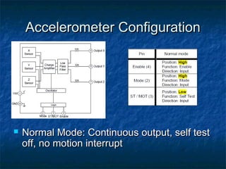 Accelerometer Configuration




   Normal Mode: Continuous output, self test
    off, no motion interrupt
 