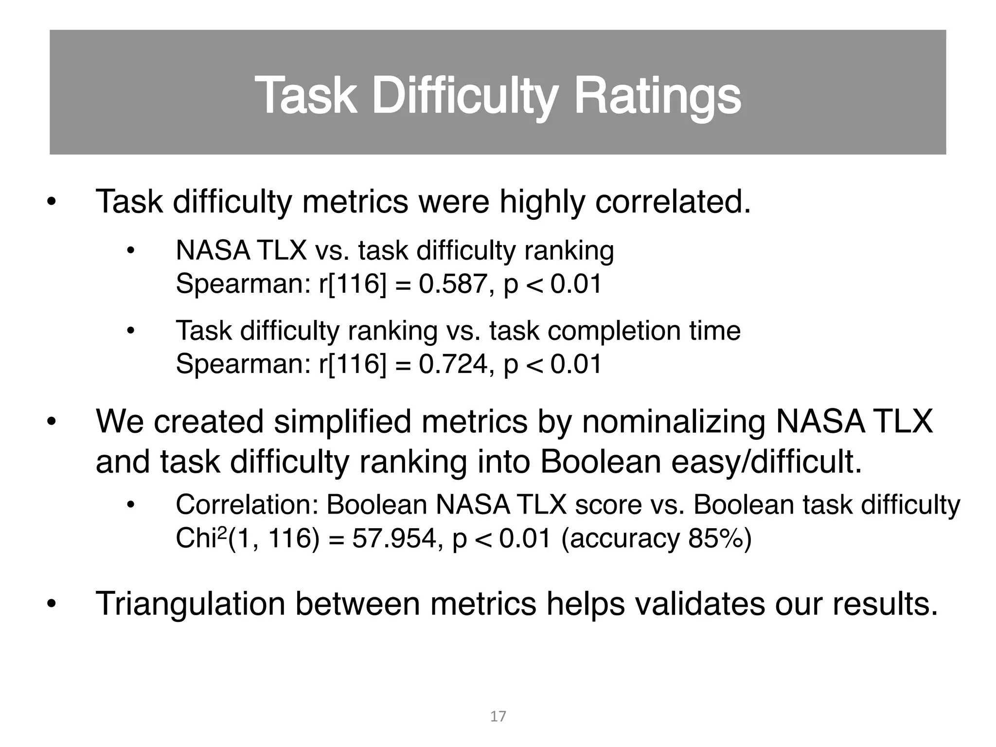 •  Task difﬁculty metrics were highly correlated. " •  NASA TLX vs. task difﬁculty ranking  Spearman: r[116] = 0.587, p < 0.01" •  Task difﬁculty ranking vs. task completion time   Spearman: r[116] = 0.724, p < 0.01" •  We created simpliﬁed metrics by nominalizing NASA TLX and task difﬁculty ranking into Boolean easy/difﬁcult." •  Correlation: Boolean NASA TLX score vs. Boolean task difﬁculty   Chi2(1, 116) = 57.954, p < 0.01 (accuracy 85%)" •  Triangulation between metrics helps validates our results." 17   