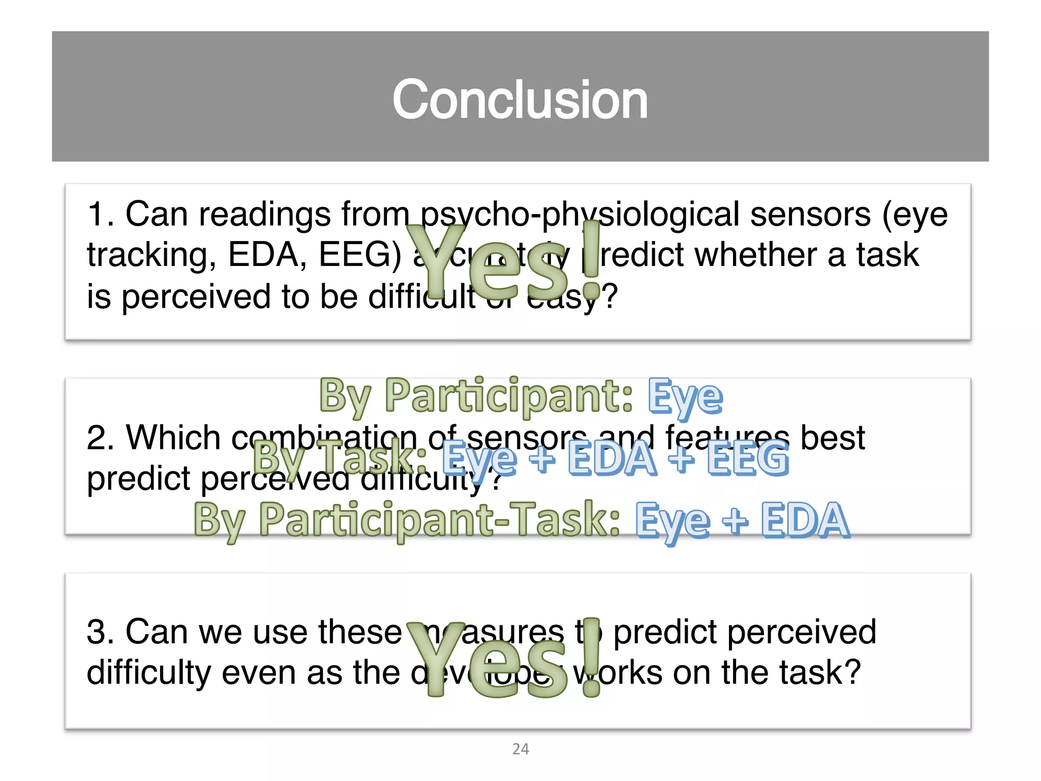 1. Can readings from psycho-physiological sensors (eye tracking, EDA, EEG) accurately predict whether a task is perceived to be difﬁcult or easy?" 2. Which combination of sensors and features best predict perceived difﬁculty?" 3. Can we use these measures to predict perceived difﬁculty even as the developer works on the task?" 24   