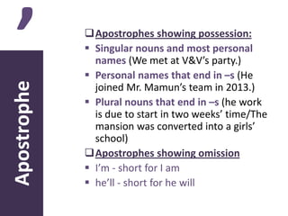 Apostrophe

’

Apostrophes showing possession:
 Singular nouns and most personal
names (We met at V&V’s party.)
 Personal names that end in –s (He
joined Mr. Mamun’s team in 2013.)
 Plural nouns that end in –s (he work
is due to start in two weeks’ time/The
mansion was converted into a girls’
school)
Apostrophes showing omission
 I’m - short for I am
 he’ll - short for he will

 