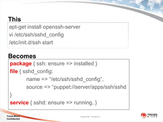 This
  apt-get install openssh-server
  vi /etc/ssh/sshd_config
  /etc/init.d/ssh start

 Becomes
  package { ssh: ensure => installed }
  file { sshd_config:
          name => “/etc/ssh/sshd_config”,
          source => “puppet://server/apps/ssh/sshd
  }
  service { sshd: ensure => running, }

Trend Micro                        Copyright 2009 Trend Micro Inc.
Confidential
 