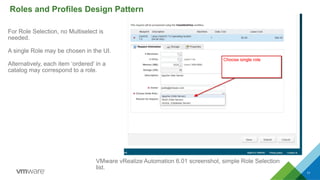 Roles and Profiles Design Pattern
11
VMware vRealize Automation 6.01 screenshot, simple Role Selection
list.
For Role Selection, no Multiselect is
needed.
A single Role may be chosen in the UI.
Alternatively, each item ‘ordered’ in a
catalog may correspond to a role.
 