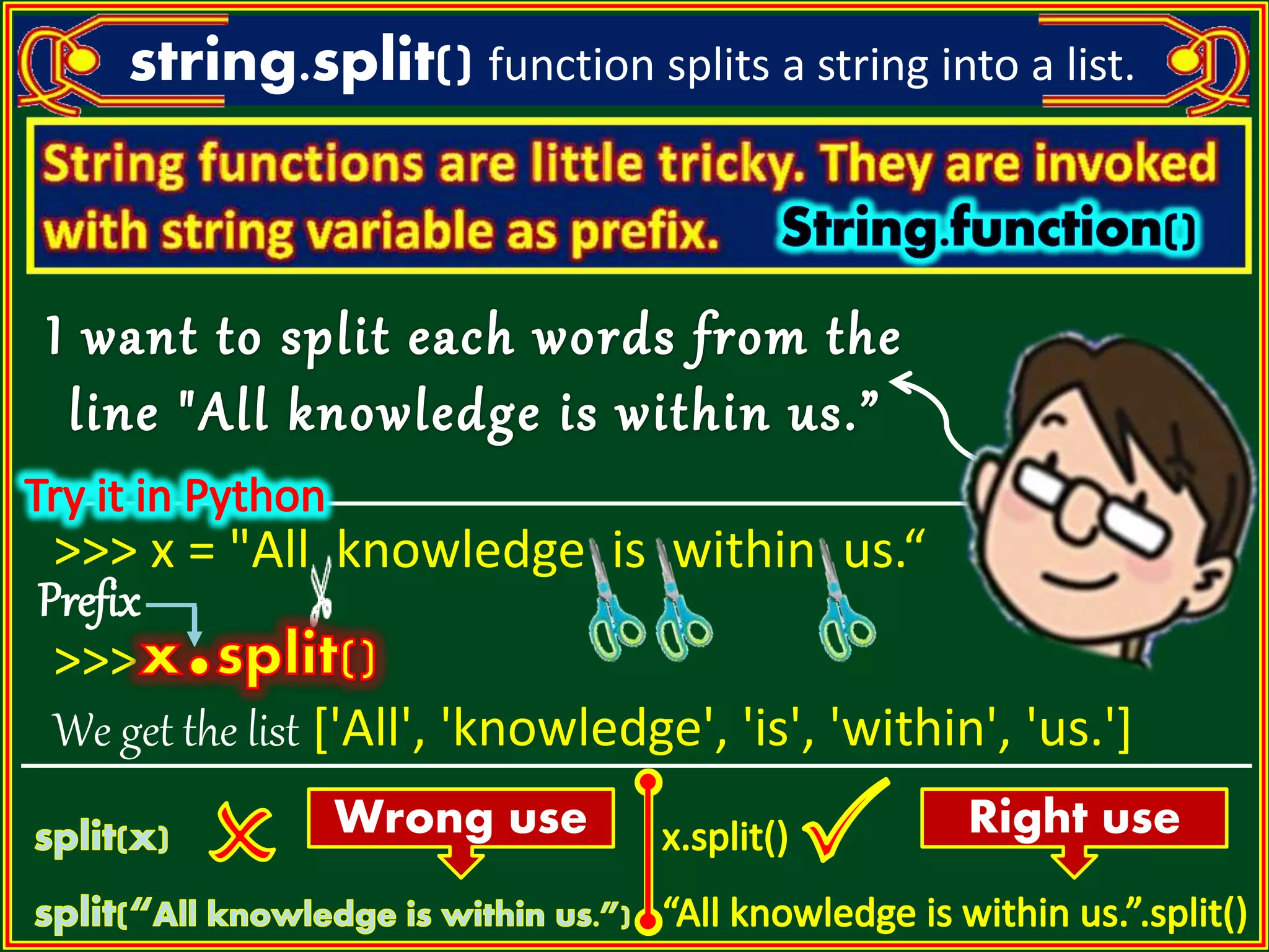 string.split() function splits a string into a list. >>> x = "All knowledge is within us.“ >>> We get the list ['All', 'knowledge', 'is', 'within', 'us.'] Wrong use Right use Prefix 