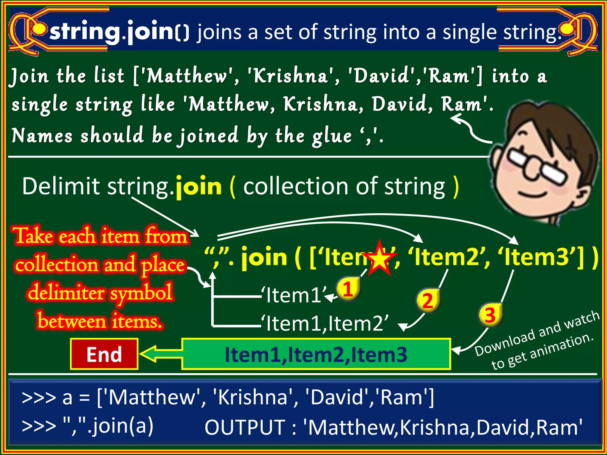 string.join() joins a set of string into a single string. Delimit string.join ( collection of string ) “,”. join ( [‘Item1’, ‘Item2’, ‘Item3’] ) ‘Item1’ ‘Item1,Item2’ 1 2 3 Item1,Item2,Item3End >>> a = ['Matthew', 'Krishna', 'David','Ram'] >>> ",".join(a) OUTPUT : 'Matthew,Krishna,David,Ram' 