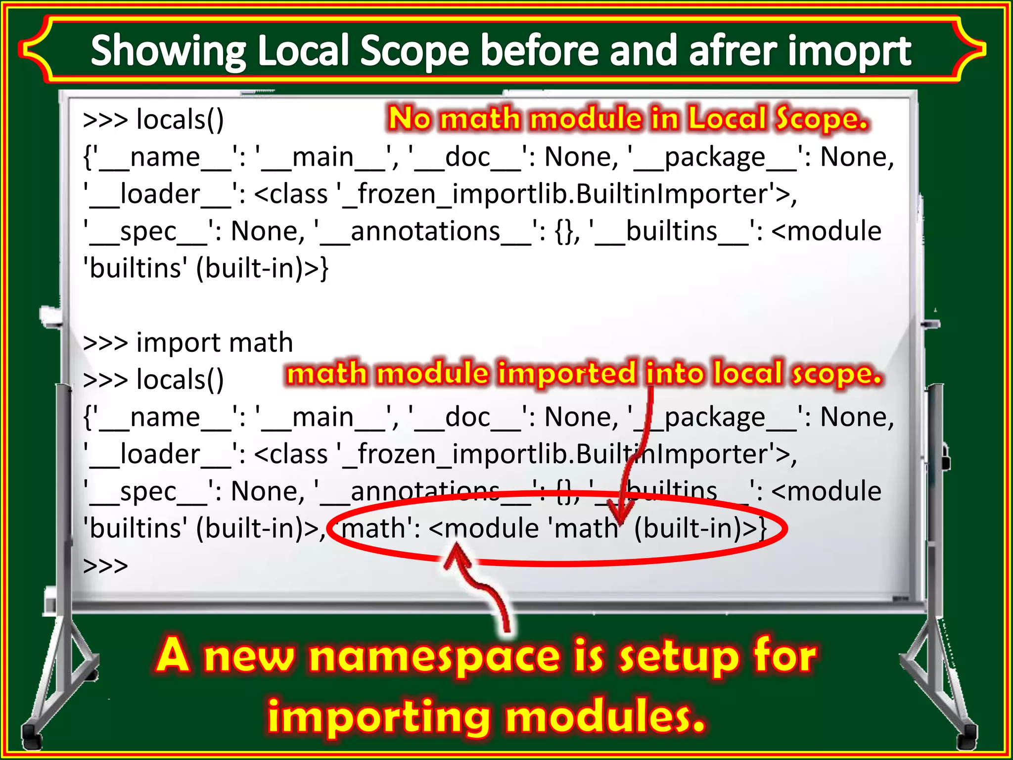 >>> locals() {'__name__': '__main__', '__doc__': None, '__package__': None, '__loader__': <class '_frozen_importlib.BuiltinImporter'>, '__spec__': None, '__annotations__': {}, '__builtins__': <module 'builtins' (built-in)>} >>> import math >>> locals() {'__name__': '__main__', '__doc__': None, '__package__': None, '__loader__': <class '_frozen_importlib.BuiltinImporter'>, '__spec__': None, '__annotations__': {}, '__builtins__': <module 'builtins' (built-in)>, 'math': <module 'math' (built-in)>} >>> 