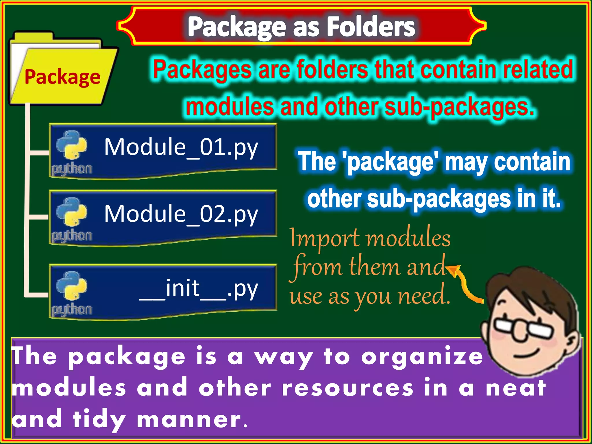 The package is a way to organize modules and other resources in a neat and tidy manner. Module_01.py Module_02.py __init__.py Package Import modules from them and use as you need. 