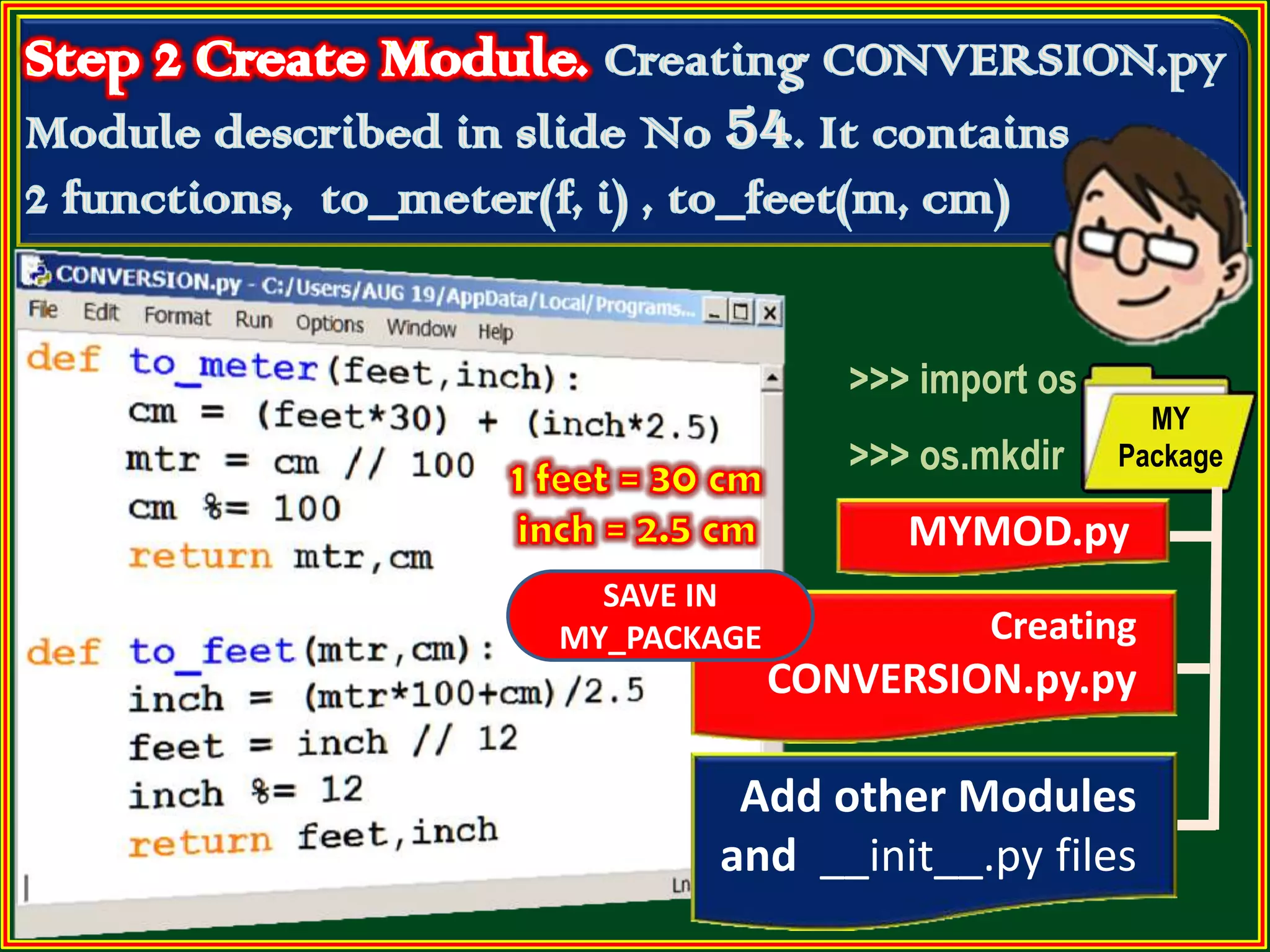 Add other Modules and __init__.py files MY Package MYMOD.py Creating CONVERSION.py.py SAVE IN MY_PACKAGE >>> import os >>> os.mkdir 