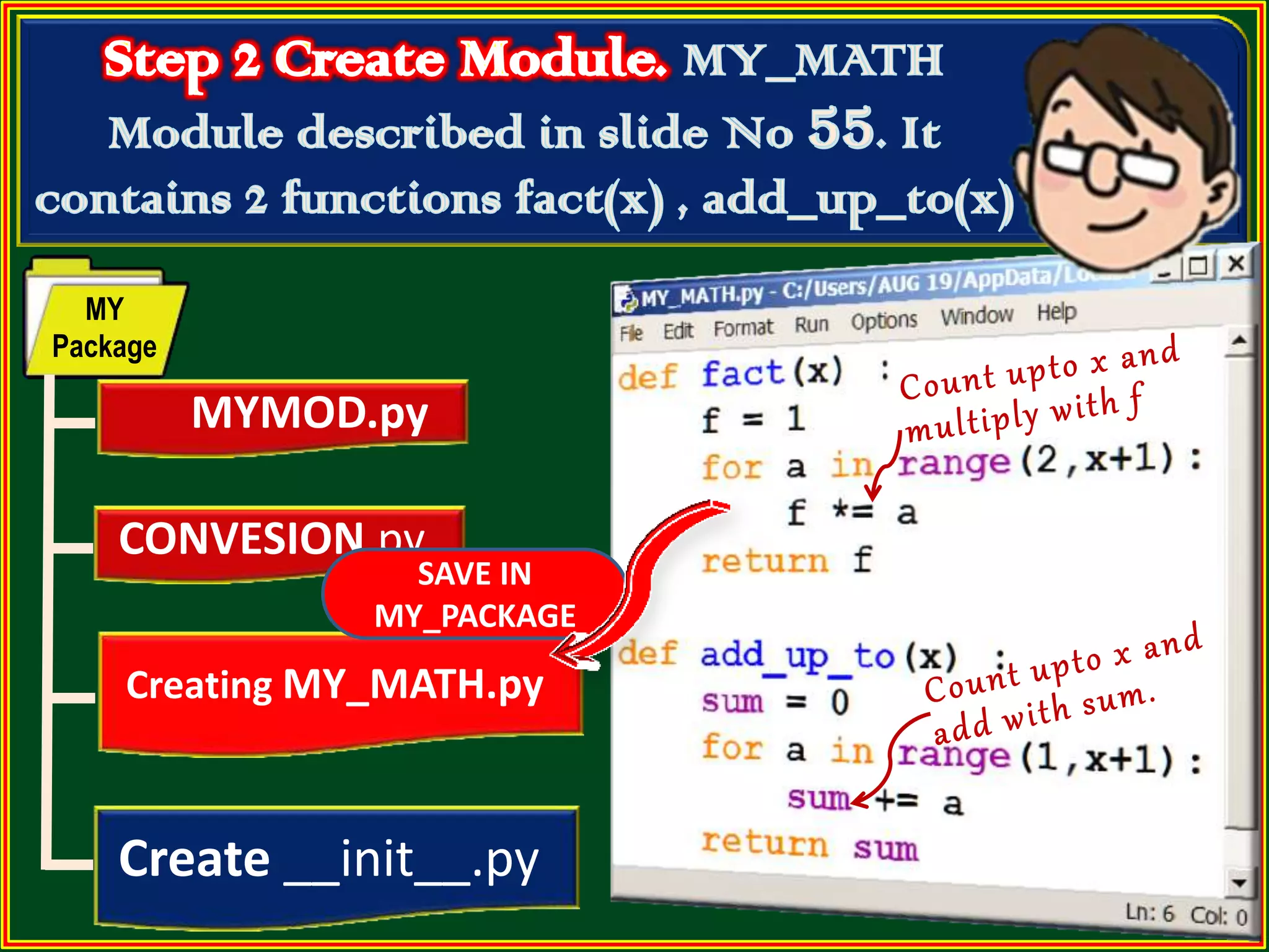 MYMOD.py CONVESION.py Create __init__.py MY Package Creating MY_MATH.py SAVE IN MY_PACKAGE 