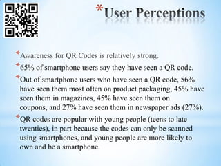 *

*Awareness for QR Codes is relatively strong.
*65% of smartphone users say they have seen a QR code.
*Out of smartphone users who have seen a QR code, 56%
 have seen them most often on product packaging, 45% have
 seen them in magazines, 45% have seen them on
 coupons, and 27% have seen them in newspaper ads (27%).
*QR codes are popular with young people (teens to late
 twenties), in part because the codes can only be scanned
 using smartphones, and young people are more likely to
 own and be a smartphone.
 