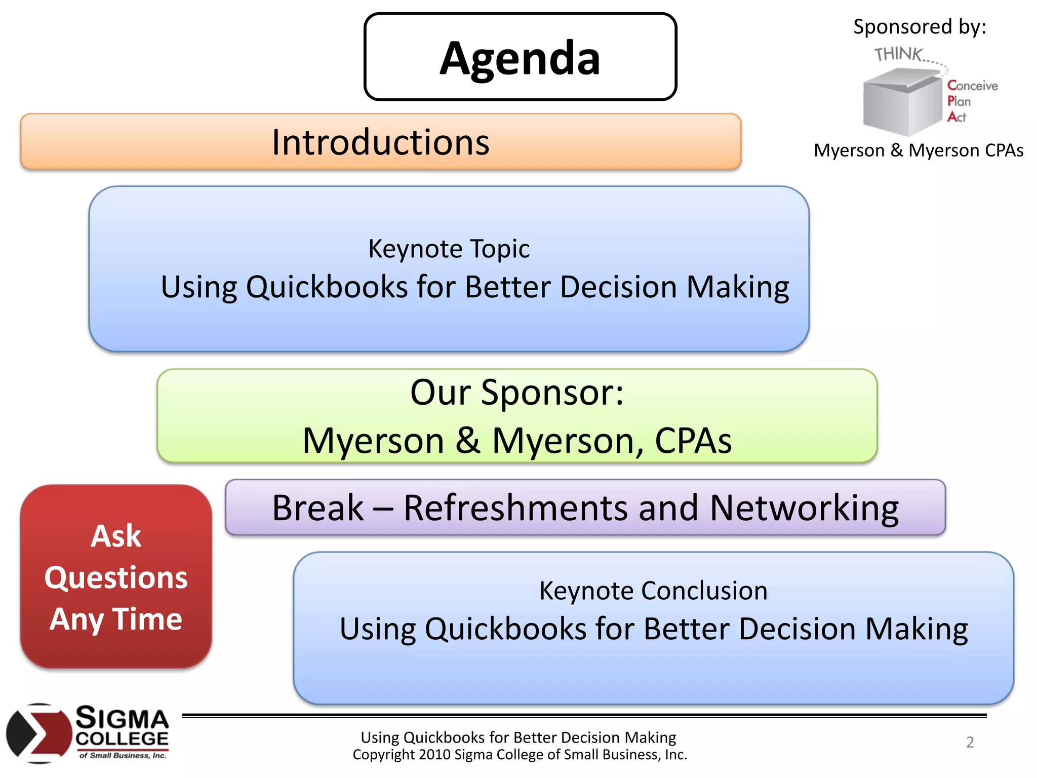 Sponsored by:
                                 Agenda
              Introductions                                                Myerson & Myerson CPAs




                      Keynote Topic
       Using Quickbooks for Better Decision Making


                     Our Sponsor:
                Myerson & Myerson, CPAs
              Break – Refreshments and Networking
  Ask 
Questions                                       Keynote Conclusion
Any Time           Using Quickbooks for Better Decision Making

                     Using Quickbooks for Better Decision Making                          2
                    Copyright 2010 Sigma College of Small Business, Inc.
 