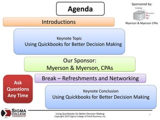 Sponsored by:
                                 Agenda
              Introductions                                                Myerson & Myerson CPAs




                      Keynote Topic
       Using Quickbooks for Better Decision Making


                     Our Sponsor:
                Myerson & Myerson, CPAs
              Break – Refreshments and Networking
  Ask 
Questions                                       Keynote Conclusion
Any Time           Using Quickbooks for Better Decision Making

                     Using Quickbooks for Better Decision Making                          2
                    Copyright 2010 Sigma College of Small Business, Inc.
 