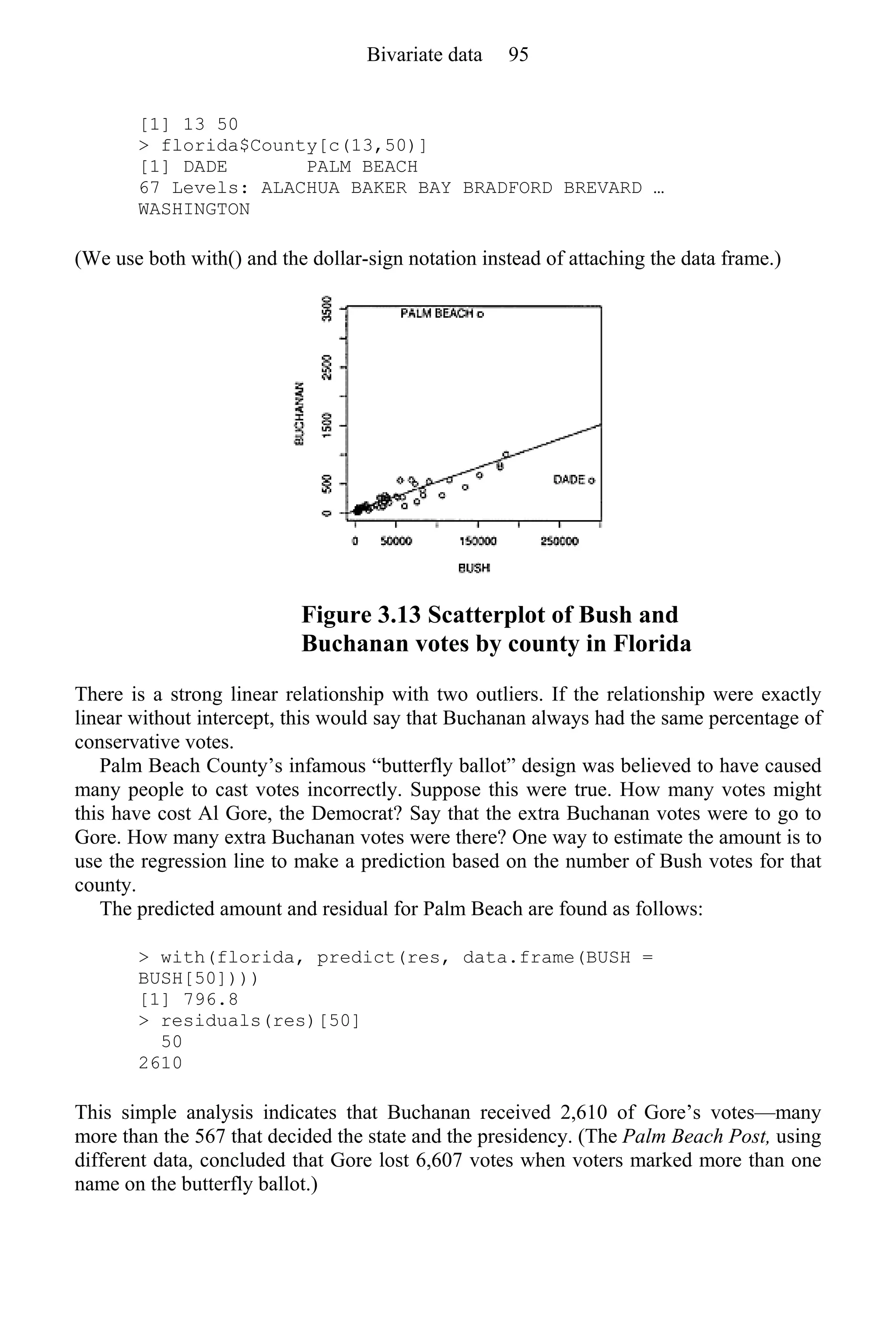 [1] 13 50
> florida$County[c(13,50)]
[1] DADE PALM BEACH
67 Levels: ALACHUA BAKER BAY BRADFORD BREVARD …
WASHINGTON
(We use both with() and the dollar-sign notation instead of attaching the data frame.)
Figure 3.13 Scatterplot of Bush and
Buchanan votes by county in Florida
There is a strong linear relationship with two outliers. If the relationship were exactly
linear without intercept, this would say that Buchanan always had the same percentage of
conservative votes.
Palm Beach County’s infamous “butterfly ballot” design was believed to have caused
many people to cast votes incorrectly. Suppose this were true. How many votes might
this have cost Al Gore, the Democrat? Say that the extra Buchanan votes were to go to
Gore. How many extra Buchanan votes were there? One way to estimate the amount is to
use the regression line to make a prediction based on the number of Bush votes for that
county.
The predicted amount and residual for Palm Beach are found as follows:
> with(florida, predict(res, data.frame(BUSH =
BUSH[50])))
[1] 796.8
> residuals(res)[50]
50
2610
This simple analysis indicates that Buchanan received 2,610 of Gore’s votes—many
more than the 567 that decided the state and the presidency. (The Palm Beach Post, using
different data, concluded that Gore lost 6,607 votes when voters marked more than one
name on the butterfly ballot.)
Bivariate data 95
 