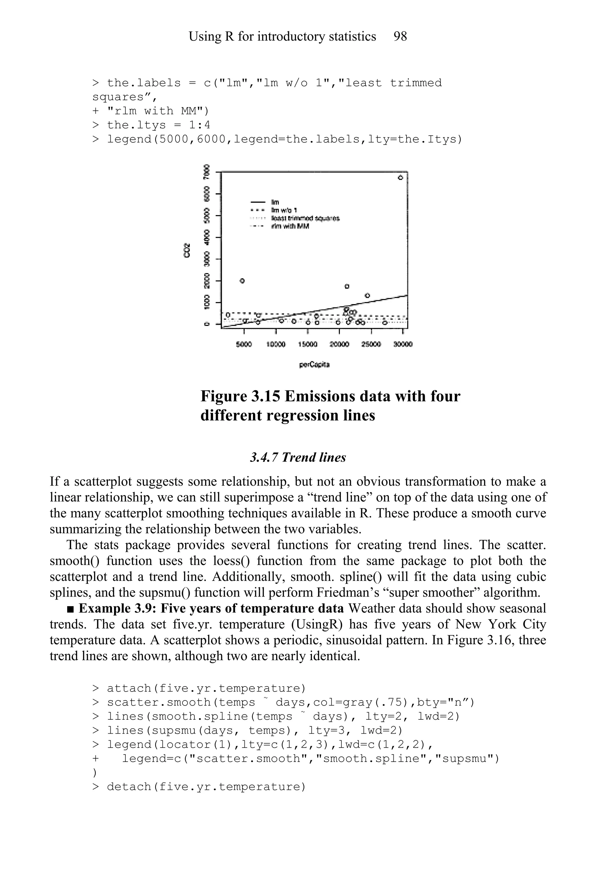 > the.labels = c("lm","lm w/o 1","least trimmed
squares”,
+ "rlm with MM")
> the.ltys = 1:4
> legend(5000,6000,legend=the.labels,lty=the.Itys)
Figure 3.15 Emissions data with four
different regression lines
3.4.7 Trend lines
If a scatterplot suggests some relationship, but not an obvious transformation to make a
linear relationship, we can still superimpose a “trend line” on top of the data using one of
the many scatterplot smoothing techniques available in R. These produce a smooth curve
summarizing the relationship between the two variables.
The stats package provides several functions for creating trend lines. The scatter.
smooth() function uses the loess() function from the same package to plot both the
scatterplot and a trend line. Additionally, smooth. spline() will fit the data using cubic
splines, and the supsmu() function will perform Friedman’s “super smoother” algorithm.
■ Example 3.9: Five years of temperature data Weather data should show seasonal
trends. The data set five.yr. temperature (UsingR) has five years of New York City
temperature data. A scatterplot shows a periodic, sinusoidal pattern. In Figure 3.16, three
trend lines are shown, although two are nearly identical.
> attach(five.yr.temperature)
> scatter.smooth(temps ~
days,col=gray(.75),bty="n”)
> lines(smooth.spline(temps ~
days), lty=2, lwd=2)
> lines(supsmu(days, temps), lty=3, lwd=2)
> legend(locator(1),lty=c(1,2,3),lwd=c(1,2,2),
+ legend=c("scatter.smooth","smooth.spline","supsmu")
)
> detach(five.yr.temperature)
Using R for introductory statistics 98
 