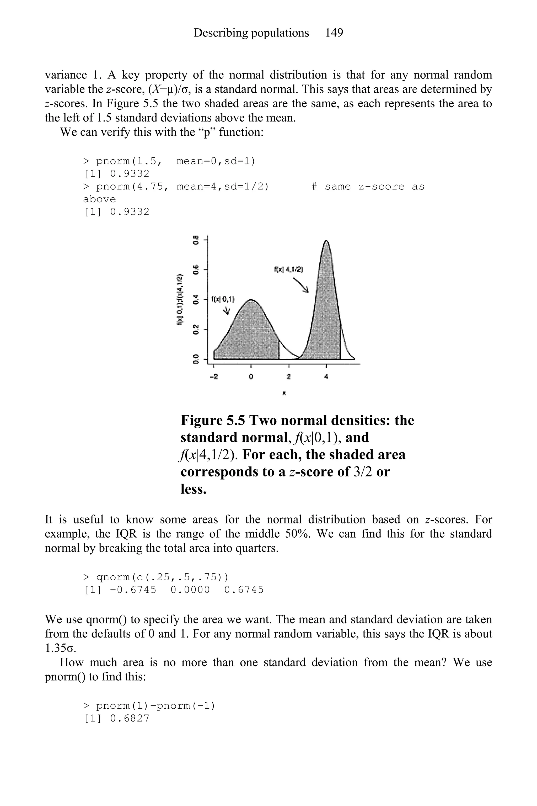 variance 1. A key property of the normal distribution is that for any normal random
variable the z-score, (X−µ)/σ, is a standard normal. This says that areas are determined by
z-scores. In Figure 5.5 the two shaded areas are the same, as each represents the area to
the left of 1.5 standard deviations above the mean.
We can verify this with the “p” function:
> pnorm(1.5, mean=0,sd=1)
[1] 0.9332
> pnorm(4.75, mean=4,sd=1/2) # same z-score as
above
[1] 0.9332
Figure 5.5 Two normal densities: the
standard normal, f(x|0,1), and
f(x|4,1/2). For each, the shaded area
corresponds to a z-score of 3/2 or
less.
It is useful to know some areas for the normal distribution based on z-scores. For
example, the IQR is the range of the middle 50%. We can find this for the standard
normal by breaking the total area into quarters.
> qnorm(c(.25,.5,.75))
[1] −0.6745 0.0000 0.6745
We use qnorm() to specify the area we want. The mean and standard deviation are taken
from the defaults of 0 and 1. For any normal random variable, this says the IQR is about
1.35σ.
How much area is no more than one standard deviation from the mean? We use
pnorm() to find this:
> pnorm(1)−pnorm(−1)
[1] 0.6827
Describing populations 149
 