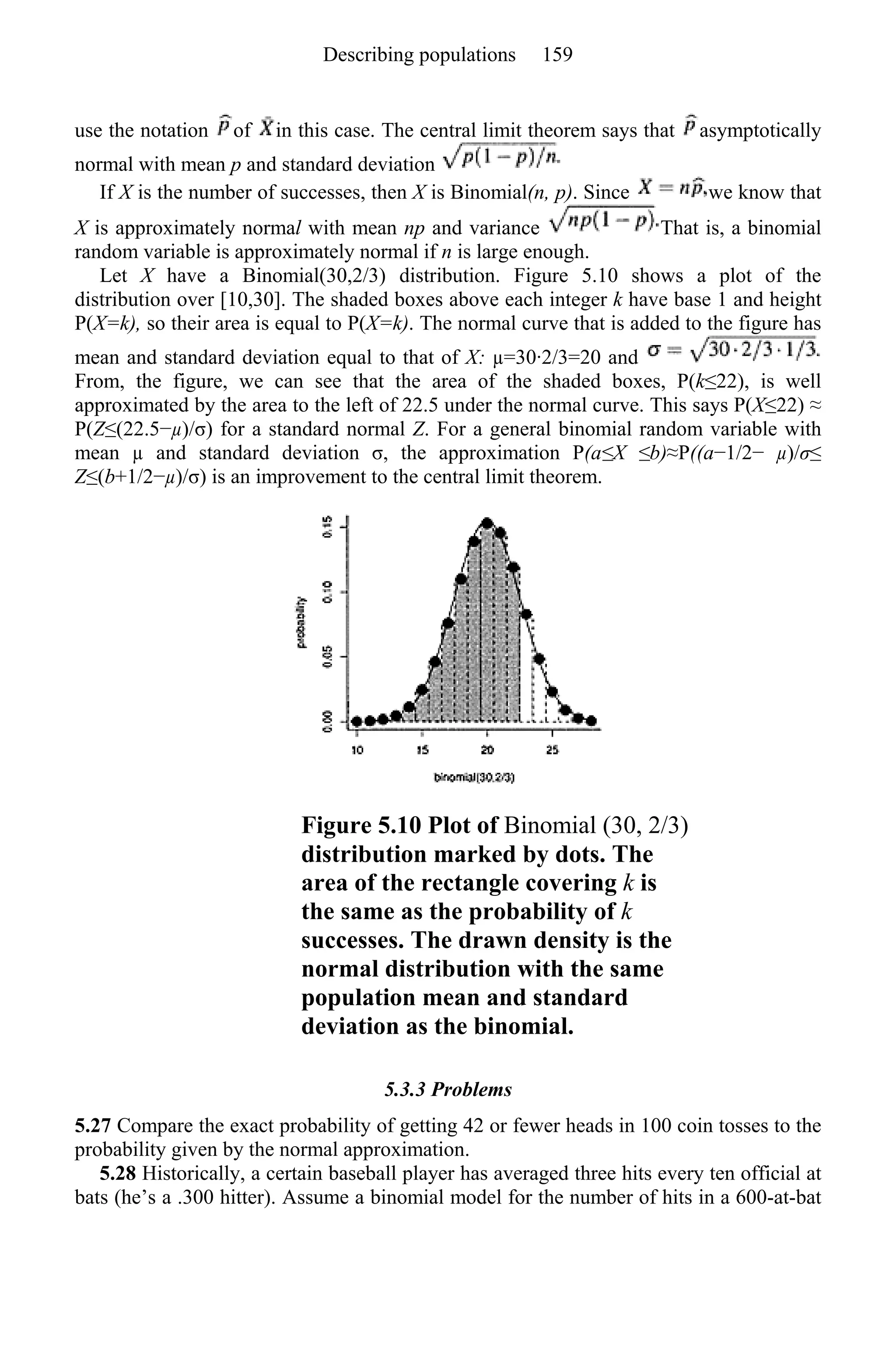 use the notation of in this case. The central limit theorem says that asymptotically
normal with mean p and standard deviation
If X is the number of successes, then X is Binomial(n, p). Since we know that
X is approximately normal with mean np and variance That is, a binomial
random variable is approximately normal if n is large enough.
Let X have a Binomial(30,2/3) distribution. Figure 5.10 shows a plot of the
distribution over [10,30]. The shaded boxes above each integer k have base 1 and height
P(X=k), so their area is equal to P(X=k). The normal curve that is added to the figure has
mean and standard deviation equal to that of X: µ=30·2/3=20 and
From, the figure, we can see that the area of the shaded boxes, P(k≤22), is well
approximated by the area to the left of 22.5 under the normal curve. This says P(X≤22) ≈
P(Z≤(22.5−µ)/σ) for a standard normal Z. For a general binomial random variable with
mean µ and standard deviation σ, the approximation P(a≤X ≤b)≈P((a−1/2− µ)/σ≤
Z≤(b+1/2−µ)/σ) is an improvement to the central limit theorem.
Figure 5.10 Plot of Binomial (30, 2/3)
distribution marked by dots. The
area of the rectangle covering k is
the same as the probability of k
successes. The drawn density is the
normal distribution with the same
population mean and standard
deviation as the binomial.
5.3.3 Problems
5.27 Compare the exact probability of getting 42 or fewer heads in 100 coin tosses to the
probability given by the normal approximation.
5.28 Historically, a certain baseball player has averaged three hits every ten official at
bats (he’s a .300 hitter). Assume a binomial model for the number of hits in a 600-at-bat
Describing populations 159
 