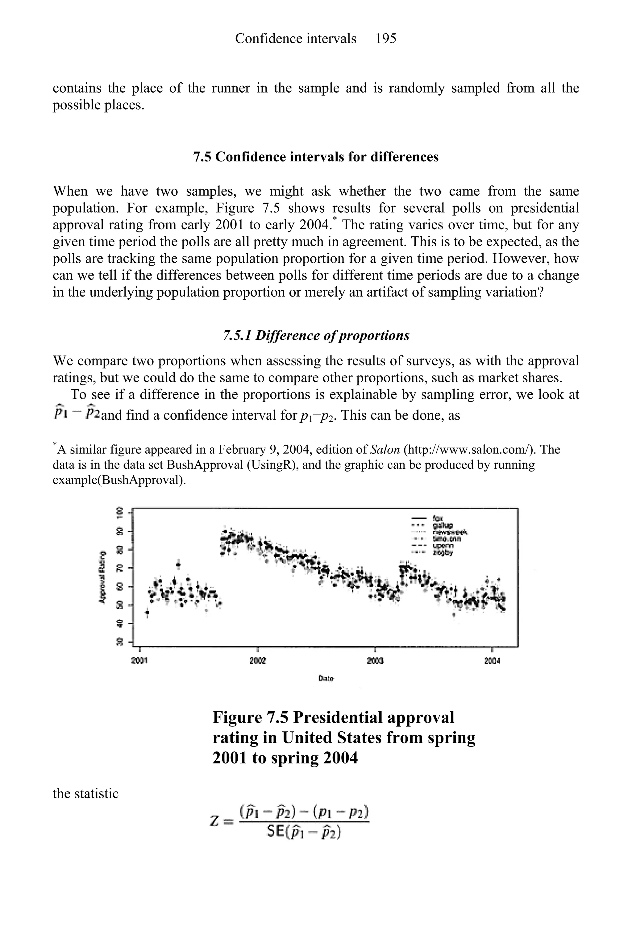 contains the place of the runner in the sample and is randomly sampled from all the
possible places.
7.5 Confidence intervals for differences
When we have two samples, we might ask whether the two came from the same
population. For example, Figure 7.5 shows results for several polls on presidential
approval rating from early 2001 to early 2004.*
The rating varies over time, but for any
given time period the polls are all pretty much in agreement. This is to be expected, as the
polls are tracking the same population proportion for a given time period. However, how
can we tell if the differences between polls for different time periods are due to a change
in the underlying population proportion or merely an artifact of sampling variation?
7.5.1 Difference of proportions
We compare two proportions when assessing the results of surveys, as with the approval
ratings, but we could do the same to compare other proportions, such as market shares.
To see if a difference in the proportions is explainable by sampling error, we look at
and find a confidence interval for p1−p2. This can be done, as
*
A similar figure appeared in a February 9, 2004, edition of Salon (http://www.salon.com/). The
data is in the data set BushApproval (UsingR), and the graphic can be produced by running
example(BushApproval).
Figure 7.5 Presidential approval
rating in United States from spring
2001 to spring 2004
the statistic
Confidence intervals 195
 