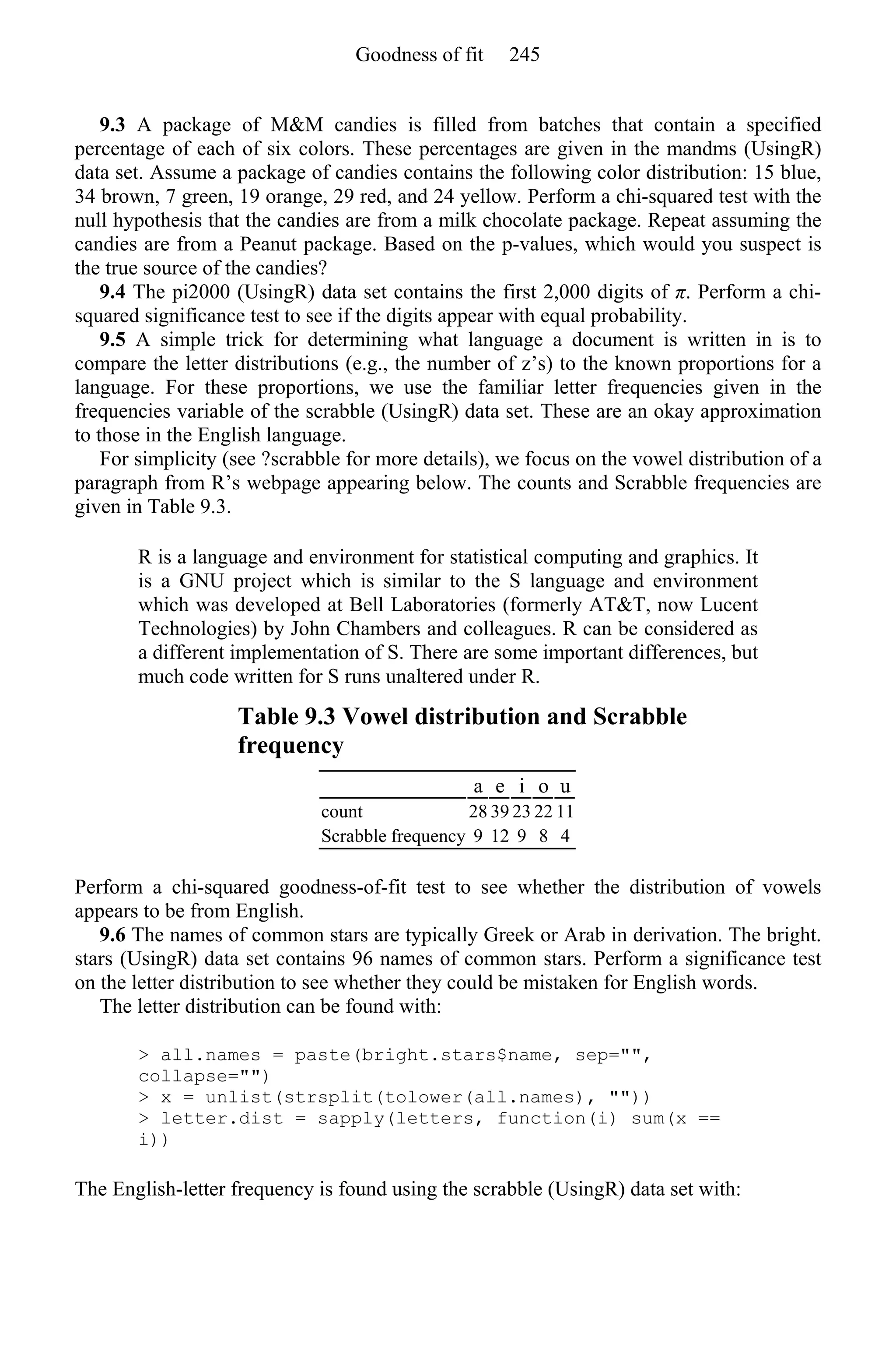 9.3 A package of M&M candies is filled from batches that contain a specified
percentage of each of six colors. These percentages are given in the mandms (UsingR)
data set. Assume a package of candies contains the following color distribution: 15 blue,
34 brown, 7 green, 19 orange, 29 red, and 24 yellow. Perform a chi-squared test with the
null hypothesis that the candies are from a milk chocolate package. Repeat assuming the
candies are from a Peanut package. Based on the p-values, which would you suspect is
the true source of the candies?
9.4 The pi2000 (UsingR) data set contains the first 2,000 digits of π. Perform a chi-
squared significance test to see if the digits appear with equal probability.
9.5 A simple trick for determining what language a document is written in is to
compare the letter distributions (e.g., the number of z’s) to the known proportions for a
language. For these proportions, we use the familiar letter frequencies given in the
frequencies variable of the scrabble (UsingR) data set. These are an okay approximation
to those in the English language.
For simplicity (see ?scrabble for more details), we focus on the vowel distribution of a
paragraph from R’s webpage appearing below. The counts and Scrabble frequencies are
given in Table 9.3.
R is a language and environment for statistical computing and graphics. It
is a GNU project which is similar to the S language and environment
which was developed at Bell Laboratories (formerly AT&T, now Lucent
Technologies) by John Chambers and colleagues. R can be considered as
a different implementation of S. There are some important differences, but
much code written for S runs unaltered under R.
Table 9.3 Vowel distribution and Scrabble
frequency
a e i o u
count 28 39 23 22 11
Scrabble frequency 9 12 9 8 4
Perform a chi-squared goodness-of-fit test to see whether the distribution of vowels
appears to be from English.
9.6 The names of common stars are typically Greek or Arab in derivation. The bright.
stars (UsingR) data set contains 96 names of common stars. Perform a significance test
on the letter distribution to see whether they could be mistaken for English words.
The letter distribution can be found with:
> all.names = paste(bright.stars$name, sep="",
collapse="")
> x = unlist(strsplit(tolower(all.names), ""))
> letter.dist = sapply(letters, function(i) sum(x ==
i))
The English-letter frequency is found using the scrabble (UsingR) data set with:
Goodness of fit 245
 