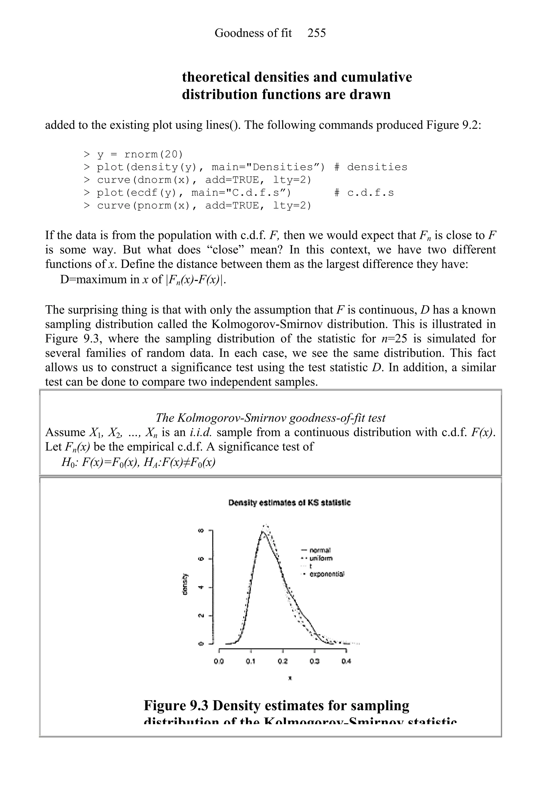 theoretical densities and cumulative
distribution functions are drawn
added to the existing plot using lines(). The following commands produced Figure 9.2:
> y = rnorm(20)
> plot(density(y), main="Densities”) # densities
> curve(dnorm(x), add=TRUE, lty=2)
> plot(ecdf(y), main="C.d.f.s”) # c.d.f.s
> curve(pnorm(x), add=TRUE, lty=2)
If the data is from the population with c.d.f. F, then we would expect that Fn is close to F
is some way. But what does “close” mean? In this context, we have two different
functions of x. Define the distance between them as the largest difference they have:
D=maximum in x of |Fn(x)-F(x)|.
The surprising thing is that with only the assumption that F is continuous, D has a known
sampling distribution called the Kolmogorov-Smirnov distribution. This is illustrated in
Figure 9.3, where the sampling distribution of the statistic for n=25 is simulated for
several families of random data. In each case, we see the same distribution. This fact
allows us to construct a significance test using the test statistic D. In addition, a similar
test can be done to compare two independent samples.
The Kolmogorov-Smirnov goodness-of-fit test
Assume X1, X2, …, Xn is an i.i.d. sample from a continuous distribution with c.d.f. F(x).
Let Fn(x) be the empirical c.d.f. A significance test of
H0: F(x)=F0(x), HA:F(x)≠F0(x)
Figure 9.3 Density estimates for sampling
distribution of the Kolmogorov-Smirnov statistic
Goodness of fit 255
 