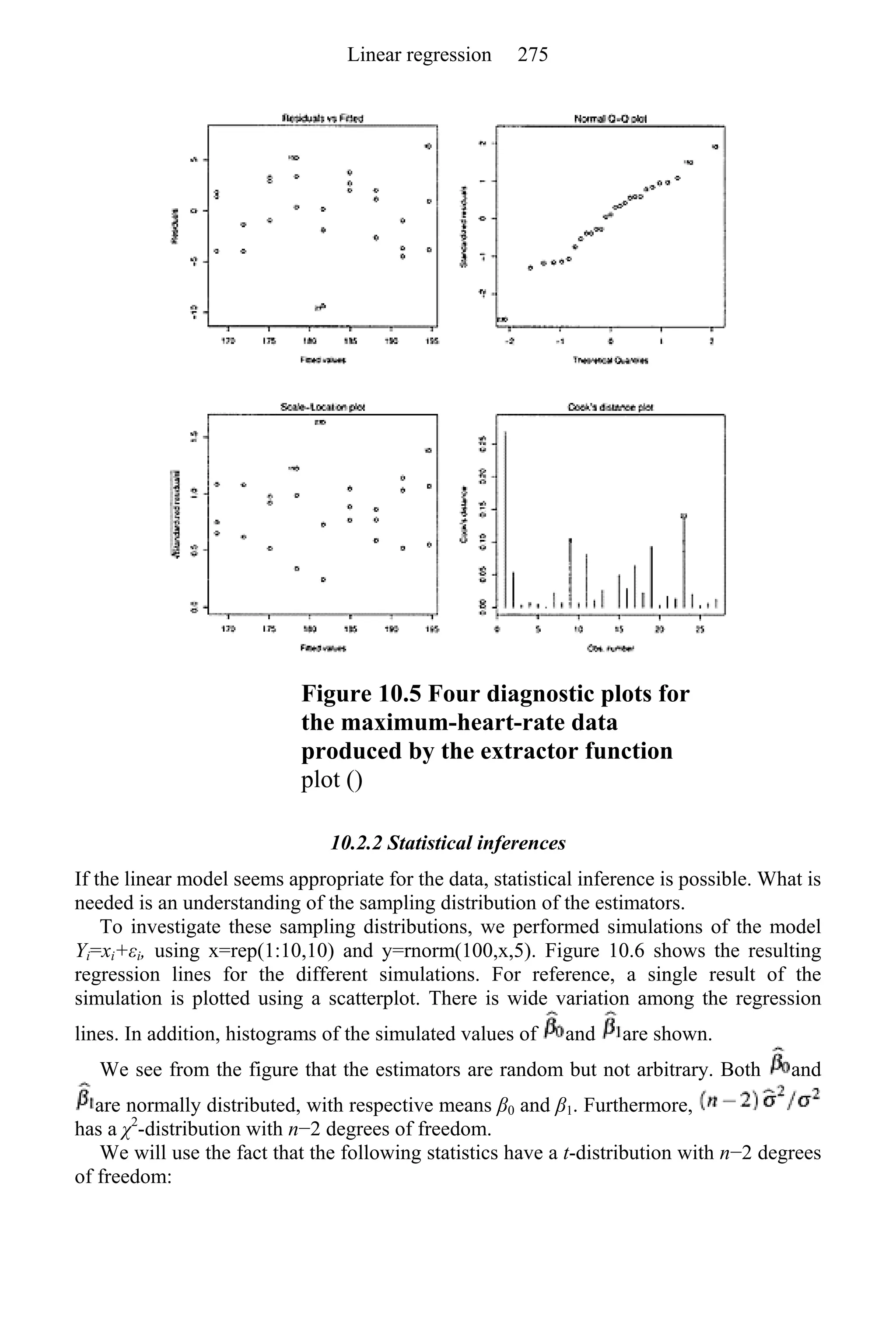 Figure 10.5 Four diagnostic plots for
the maximum-heart-rate data
produced by the extractor function
plot ()
10.2.2 Statistical inferences
If the linear model seems appropriate for the data, statistical inference is possible. What is
needed is an understanding of the sampling distribution of the estimators.
To investigate these sampling distributions, we performed simulations of the model
Yi=xi+εi, using x=rep(1:10,10) and y=rnorm(100,x,5). Figure 10.6 shows the resulting
regression lines for the different simulations. For reference, a single result of the
simulation is plotted using a scatterplot. There is wide variation among the regression
lines. In addition, histograms of the simulated values of and are shown.
We see from the figure that the estimators are random but not arbitrary. Both and
are normally distributed, with respective means β0 and β1. Furthermore,
has a χ2
-distribution with n−2 degrees of freedom.
We will use the fact that the following statistics have a t-distribution with n−2 degrees
of freedom:
Linear regression 275
 