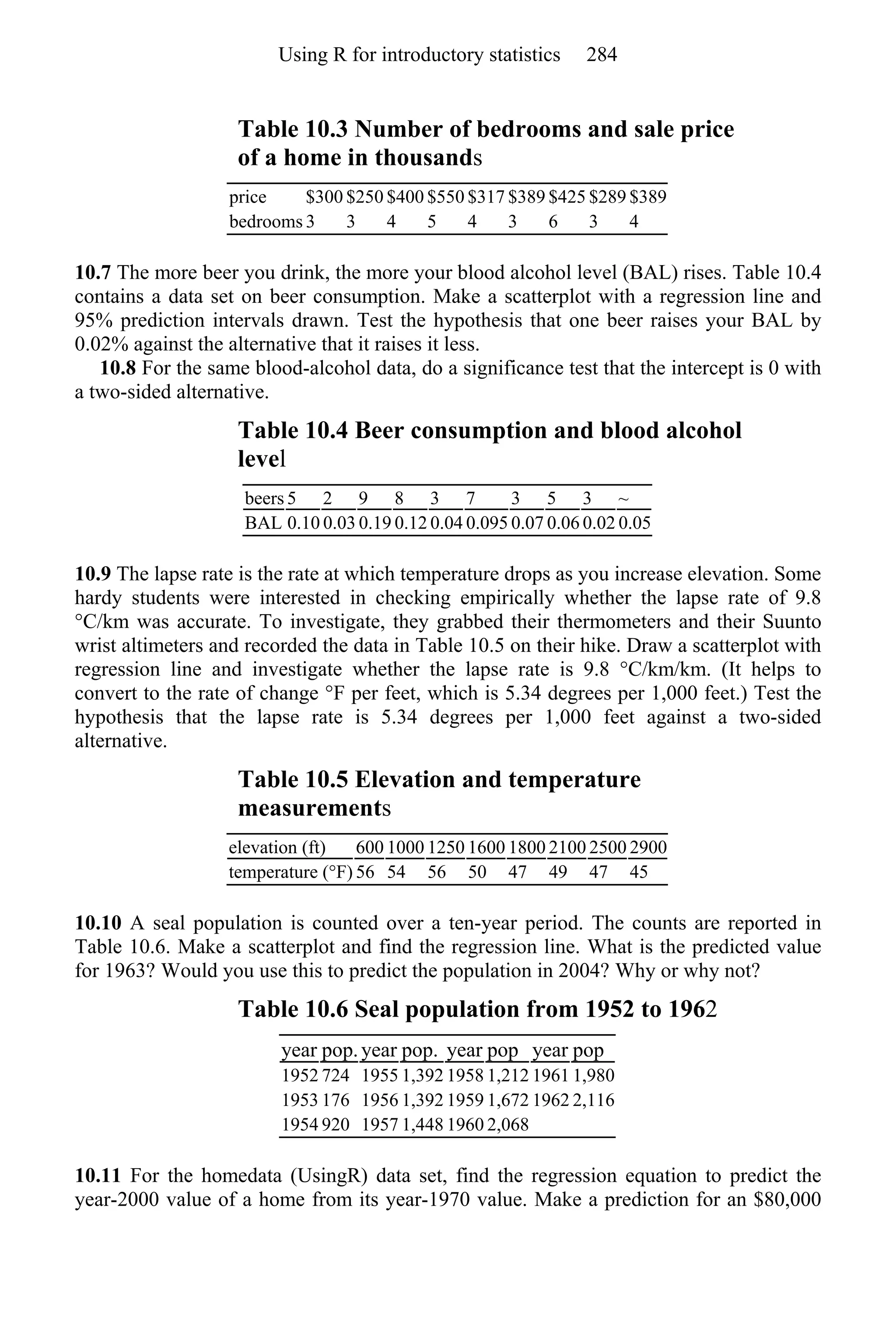 Table 10.3 Number of bedrooms and sale price
of a home in thousands
price $300 $250 $400 $550 $317 $389 $425 $289 $389
bedrooms 3 3 4 5 4 3 6 3 4
10.7 The more beer you drink, the more your blood alcohol level (BAL) rises. Table 10.4
contains a data set on beer consumption. Make a scatterplot with a regression line and
95% prediction intervals drawn. Test the hypothesis that one beer raises your BAL by
0.02% against the alternative that it raises it less.
10.8 For the same blood-alcohol data, do a significance test that the intercept is 0 with
a two-sided alternative.
Table 10.4 Beer consumption and blood alcohol
level
beers 5 2 9 8 3 7 3 5 3 ~
BAL 0.10 0.03 0.19 0.12 0.04 0.095 0.07 0.06 0.02 0.05
10.9 The lapse rate is the rate at which temperature drops as you increase elevation. Some
hardy students were interested in checking empirically whether the lapse rate of 9.8
°C/km was accurate. To investigate, they grabbed their thermometers and their Suunto
wrist altimeters and recorded the data in Table 10.5 on their hike. Draw a scatterplot with
regression line and investigate whether the lapse rate is 9.8 °C/km/km. (It helps to
convert to the rate of change °F per feet, which is 5.34 degrees per 1,000 feet.) Test the
hypothesis that the lapse rate is 5.34 degrees per 1,000 feet against a two-sided
alternative.
Table 10.5 Elevation and temperature
measurements
elevation (ft) 600 1000 1250 1600 1800 2100 2500 2900
temperature (°F) 56 54 56 50 47 49 47 45
10.10 A seal population is counted over a ten-year period. The counts are reported in
Table 10.6. Make a scatterplot and find the regression line. What is the predicted value
for 1963? Would you use this to predict the population in 2004? Why or why not?
Table 10.6 Seal population from 1952 to 1962
year pop.year pop. year pop year pop
1952 724 1955 1,392 1958 1,212 1961 1,980
1953 176 1956 1,392 1959 1,672 1962 2,116
1954 920 1957 1,448 1960 2,068
10.11 For the homedata (UsingR) data set, find the regression equation to predict the
year-2000 value of a home from its year-1970 value. Make a prediction for an $80,000
Using R for introductory statistics 284
 