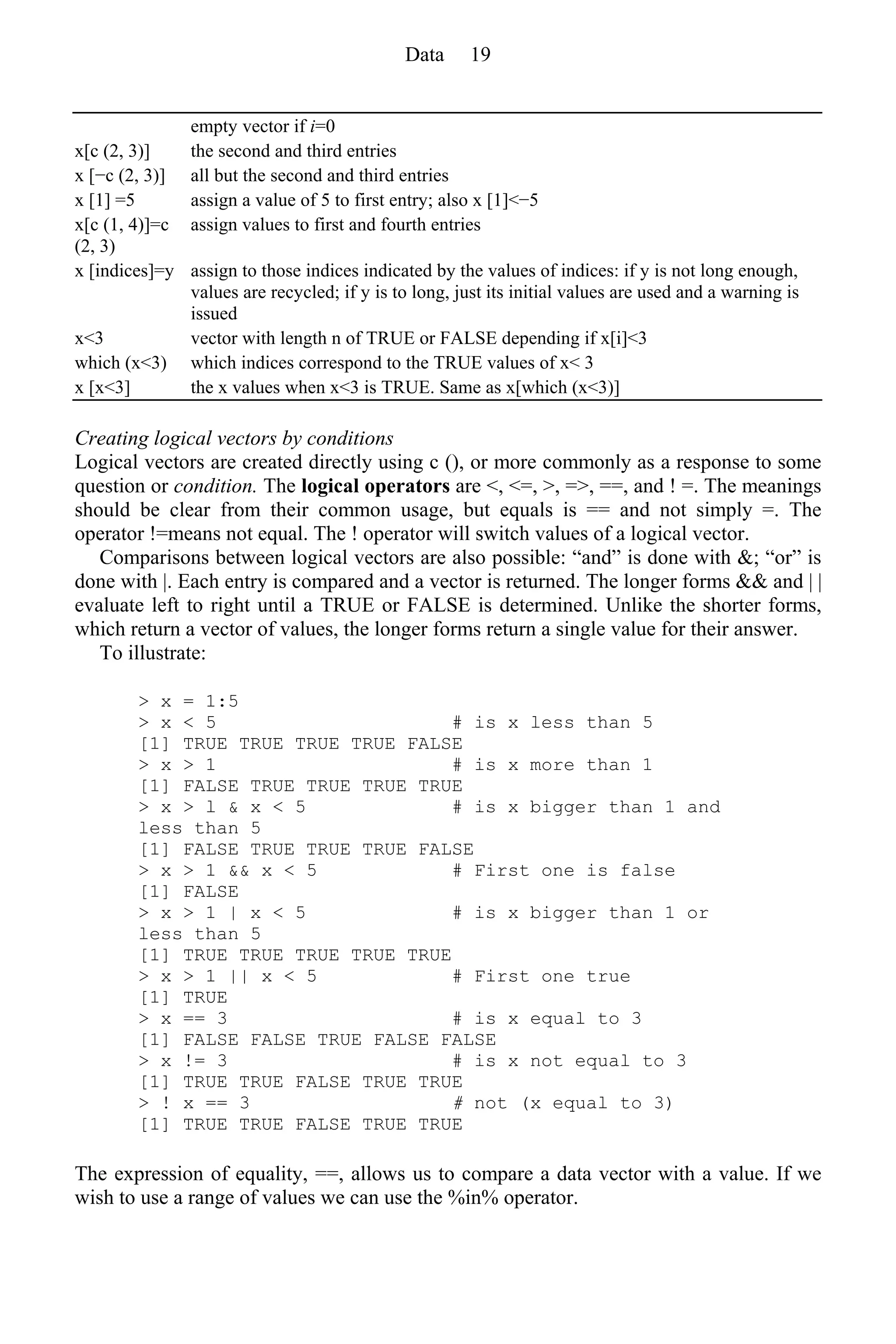 empty vector if i=0
x[c (2, 3)] the second and third entries
x [−c (2, 3)] all but the second and third entries
x [1] =5 assign a value of 5 to first entry; also x [1]<−5
x[c (1, 4)]=c
(2, 3)
assign values to first and fourth entries
x [indices]=y assign to those indices indicated by the values of indices: if y is not long enough,
values are recycled; if y is to long, just its initial values are used and a warning is
issued
x<3 vector with length n of TRUE or FALSE depending if x[i]<3
which (x<3) which indices correspond to the TRUE values of x< 3
x [x<3] the x values when x<3 is TRUE. Same as x[which (x<3)]
Creating logical vectors by conditions
Logical vectors are created directly using c (), or more commonly as a response to some
question or condition. The logical operators are <, <=, >, =>, ==, and ! =. The meanings
should be clear from their common usage, but equals is == and not simply =. The
operator !=means not equal. The ! operator will switch values of a logical vector.
Comparisons between logical vectors are also possible: “and” is done with &; “or” is
done with |. Each entry is compared and a vector is returned. The longer forms && and | |
evaluate left to right until a TRUE or FALSE is determined. Unlike the shorter forms,
which return a vector of values, the longer forms return a single value for their answer.
To illustrate:
> x = 1:5
> x < 5 # is x less than 5
[1] TRUE TRUE TRUE TRUE FALSE
> x > 1 # is x more than 1
[1] FALSE TRUE TRUE TRUE TRUE
> x > l & x < 5 # is x bigger than 1 and
less than 5
[1] FALSE TRUE TRUE TRUE FALSE
> x > 1 && x < 5 # First one is false
[1] FALSE
> x > 1 | x < 5 # is x bigger than 1 or
less than 5
[1] TRUE TRUE TRUE TRUE TRUE
> x > 1 || x < 5 # First one true
[1] TRUE
> x == 3 # is x equal to 3
[1] FALSE FALSE TRUE FALSE FALSE
> x != 3 # is x not equal to 3
[1] TRUE TRUE FALSE TRUE TRUE
> ! x == 3 # not (x equal to 3)
[1] TRUE TRUE FALSE TRUE TRUE
The expression of equality, ==, allows us to compare a data vector with a value. If we
wish to use a range of values we can use the %in% operator.
Data 19
 
