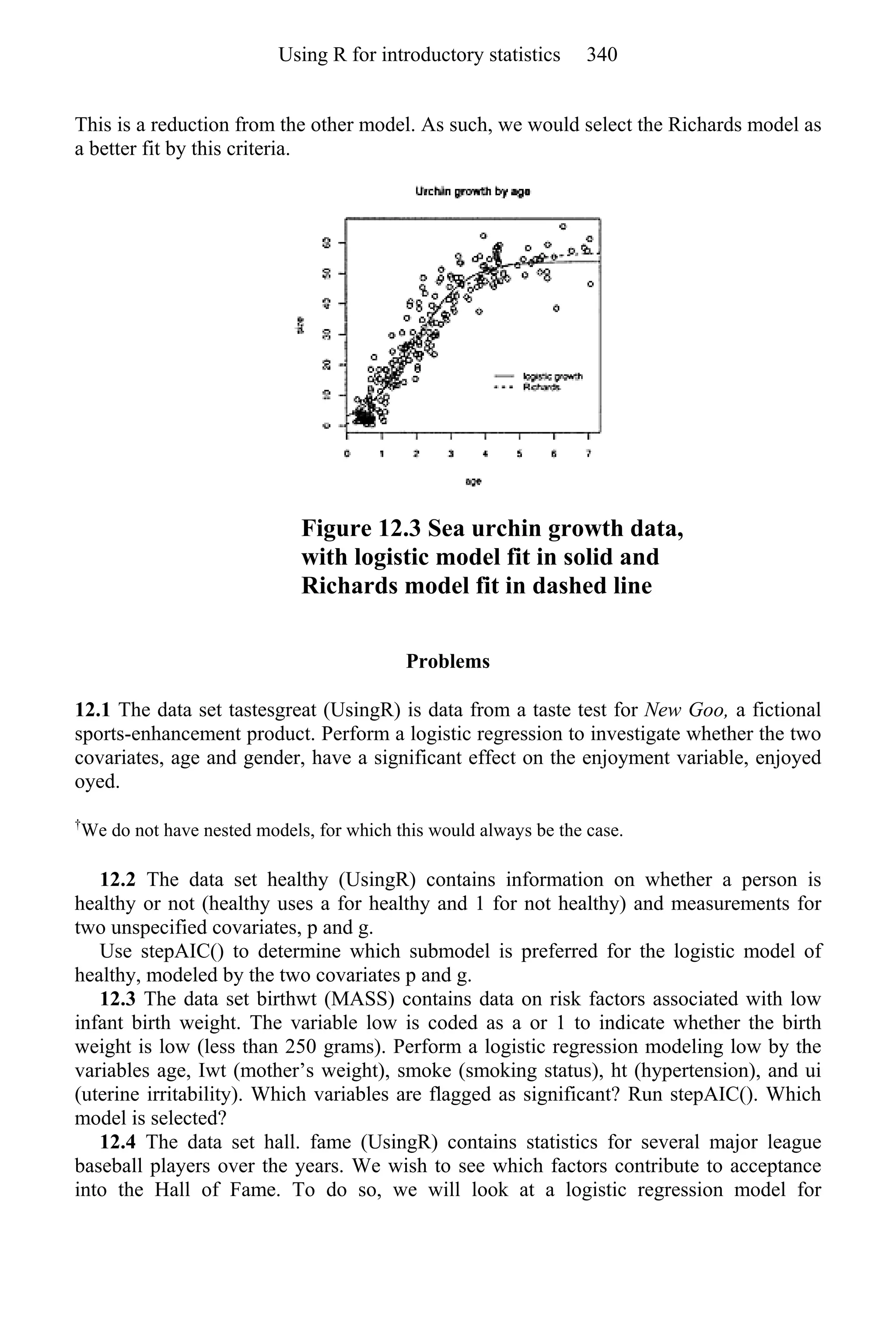 This is a reduction from the other model. As such, we would select the Richards model as
a better fit by this criteria.
Figure 12.3 Sea urchin growth data,
with logistic model fit in solid and
Richards model fit in dashed line
Problems
12.1 The data set tastesgreat (UsingR) is data from a taste test for New Goo, a fictional
sports-enhancement product. Perform a logistic regression to investigate whether the two
covariates, age and gender, have a significant effect on the enjoyment variable, enjoyed
oyed.
†
We do not have nested models, for which this would always be the case.
12.2 The data set healthy (UsingR) contains information on whether a person is
healthy or not (healthy uses a for healthy and 1 for not healthy) and measurements for
two unspecified covariates, p and g.
Use stepAIC() to determine which submodel is preferred for the logistic model of
healthy, modeled by the two covariates p and g.
12.3 The data set birthwt (MASS) contains data on risk factors associated with low
infant birth weight. The variable low is coded as a or 1 to indicate whether the birth
weight is low (less than 250 grams). Perform a logistic regression modeling low by the
variables age, Iwt (mother’s weight), smoke (smoking status), ht (hypertension), and ui
(uterine irritability). Which variables are flagged as significant? Run stepAIC(). Which
model is selected?
12.4 The data set hall. fame (UsingR) contains statistics for several major league
baseball players over the years. We wish to see which factors contribute to acceptance
into the Hall of Fame. To do so, we will look at a logistic regression model for
Using R for introductory statistics 340
 