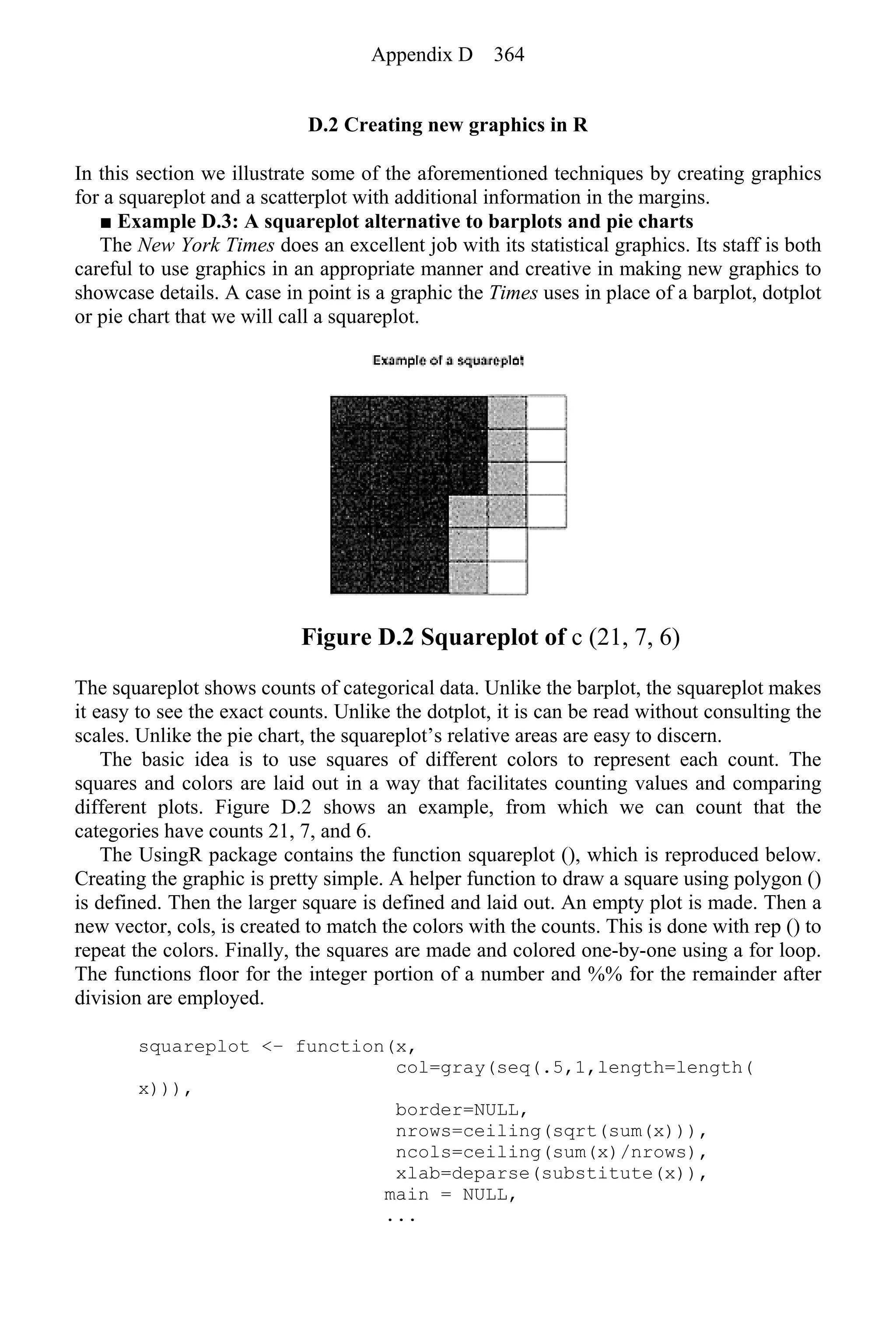 D.2 Creating new graphics in R
In this section we illustrate some of the aforementioned techniques by creating graphics
for a squareplot and a scatterplot with additional information in the margins.
■ Example D.3: A squareplot alternative to barplots and pie charts
The New York Times does an excellent job with its statistical graphics. Its staff is both
careful to use graphics in an appropriate manner and creative in making new graphics to
showcase details. A case in point is a graphic the Times uses in place of a barplot, dotplot
or pie chart that we will call a squareplot.
Figure D.2 Squareplot of c (21, 7, 6)
The squareplot shows counts of categorical data. Unlike the barplot, the squareplot makes
it easy to see the exact counts. Unlike the dotplot, it is can be read without consulting the
scales. Unlike the pie chart, the squareplot’s relative areas are easy to discern.
The basic idea is to use squares of different colors to represent each count. The
squares and colors are laid out in a way that facilitates counting values and comparing
different plots. Figure D.2 shows an example, from which we can count that the
categories have counts 21, 7, and 6.
The UsingR package contains the function squareplot (), which is reproduced below.
Creating the graphic is pretty simple. A helper function to draw a square using polygon ()
is defined. Then the larger square is defined and laid out. An empty plot is made. Then a
new vector, cols, is created to match the colors with the counts. This is done with rep () to
repeat the colors. Finally, the squares are made and colored one-by-one using a for loop.
The functions floor for the integer portion of a number and %% for the remainder after
division are employed.
squareplot <− function(x,
col=gray(seq(.5,1,length=length(
x))),
border=NULL,
nrows=ceiling(sqrt(sum(x))),
ncols=ceiling(sum(x)/nrows),
xlab=deparse(substitute(x)),
main = NULL,
...
Appendix D 364
 