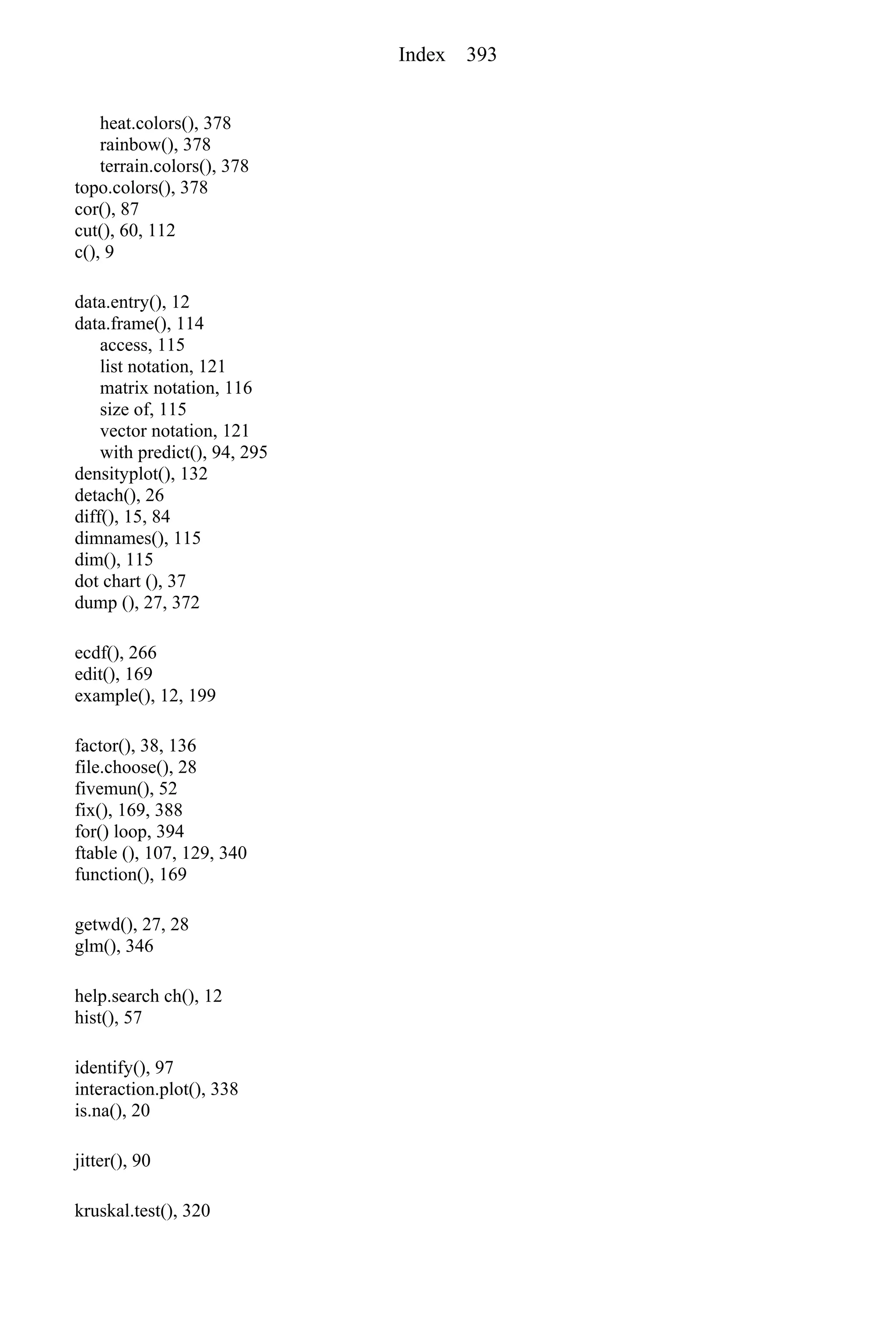 heat.colors(), 378
rainbow(), 378
terrain.colors(), 378
topo.colors(), 378
cor(), 87
cut(), 60, 112
c(), 9
data.entry(), 12
data.frame(), 114
access, 115
list notation, 121
matrix notation, 116
size of, 115
vector notation, 121
with predict(), 94, 295
densityplot(), 132
detach(), 26
diff(), 15, 84
dimnames(), 115
dim(), 115
dot chart (), 37
dump (), 27, 372
ecdf(), 266
edit(), 169
example(), 12, 199
factor(), 38, 136
file.choose(), 28
fivemun(), 52
fix(), 169, 388
for() loop, 394
ftable (), 107, 129, 340
function(), 169
getwd(), 27, 28
glm(), 346
help.search ch(), 12
hist(), 57
identify(), 97
interaction.plot(), 338
is.na(), 20
jitter(), 90
kruskal.test(), 320
Index 393
 