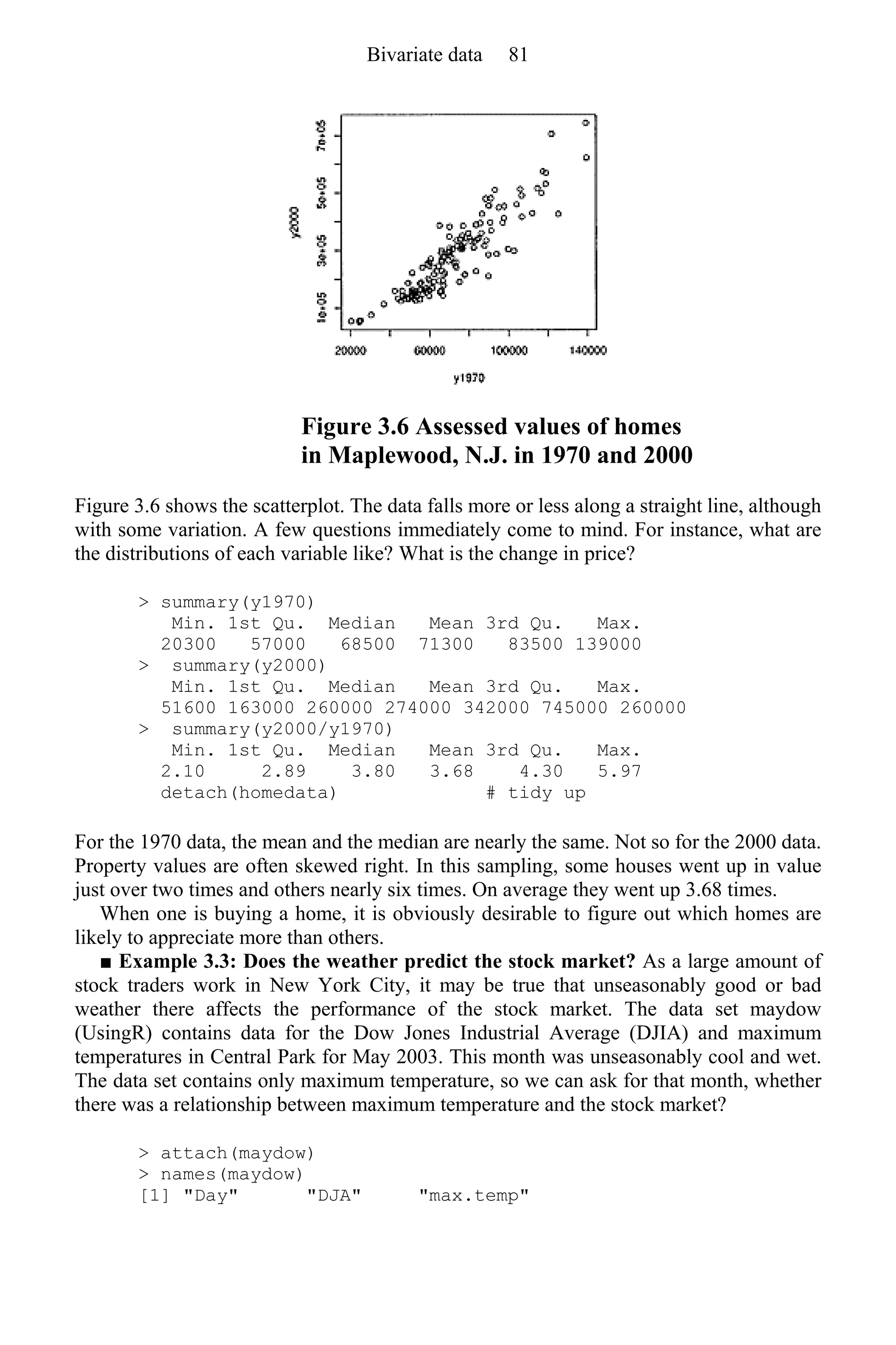 Figure 3.6 Assessed values of homes
in Maplewood, N.J. in 1970 and 2000
Figure 3.6 shows the scatterplot. The data falls more or less along a straight line, although
with some variation. A few questions immediately come to mind. For instance, what are
the distributions of each variable like? What is the change in price?
> summary(y1970)
Min. 1st Qu. Median Mean 3rd Qu. Max.
20300 57000 68500 71300 83500 139000
> summary(y2000)
Min. 1st Qu. Median Mean 3rd Qu. Max.
51600 163000 260000 274000 342000 745000 260000
> summary(y2000/y1970)
Min. 1st Qu. Median Mean 3rd Qu. Max.
2.10 2.89 3.80 3.68 4.30 5.97
detach(homedata) # tidy up
For the 1970 data, the mean and the median are nearly the same. Not so for the 2000 data.
Property values are often skewed right. In this sampling, some houses went up in value
just over two times and others nearly six times. On average they went up 3.68 times.
When one is buying a home, it is obviously desirable to figure out which homes are
likely to appreciate more than others.
■ Example 3.3: Does the weather predict the stock market? As a large amount of
stock traders work in New York City, it may be true that unseasonably good or bad
weather there affects the performance of the stock market. The data set maydow
(UsingR) contains data for the Dow Jones Industrial Average (DJIA) and maximum
temperatures in Central Park for May 2003. This month was unseasonably cool and wet.
The data set contains only maximum temperature, so we can ask for that month, whether
there was a relationship between maximum temperature and the stock market?
> attach(maydow)
> names(maydow)
[1] "Day" "DJA" "max.temp"
Bivariate data 81
 