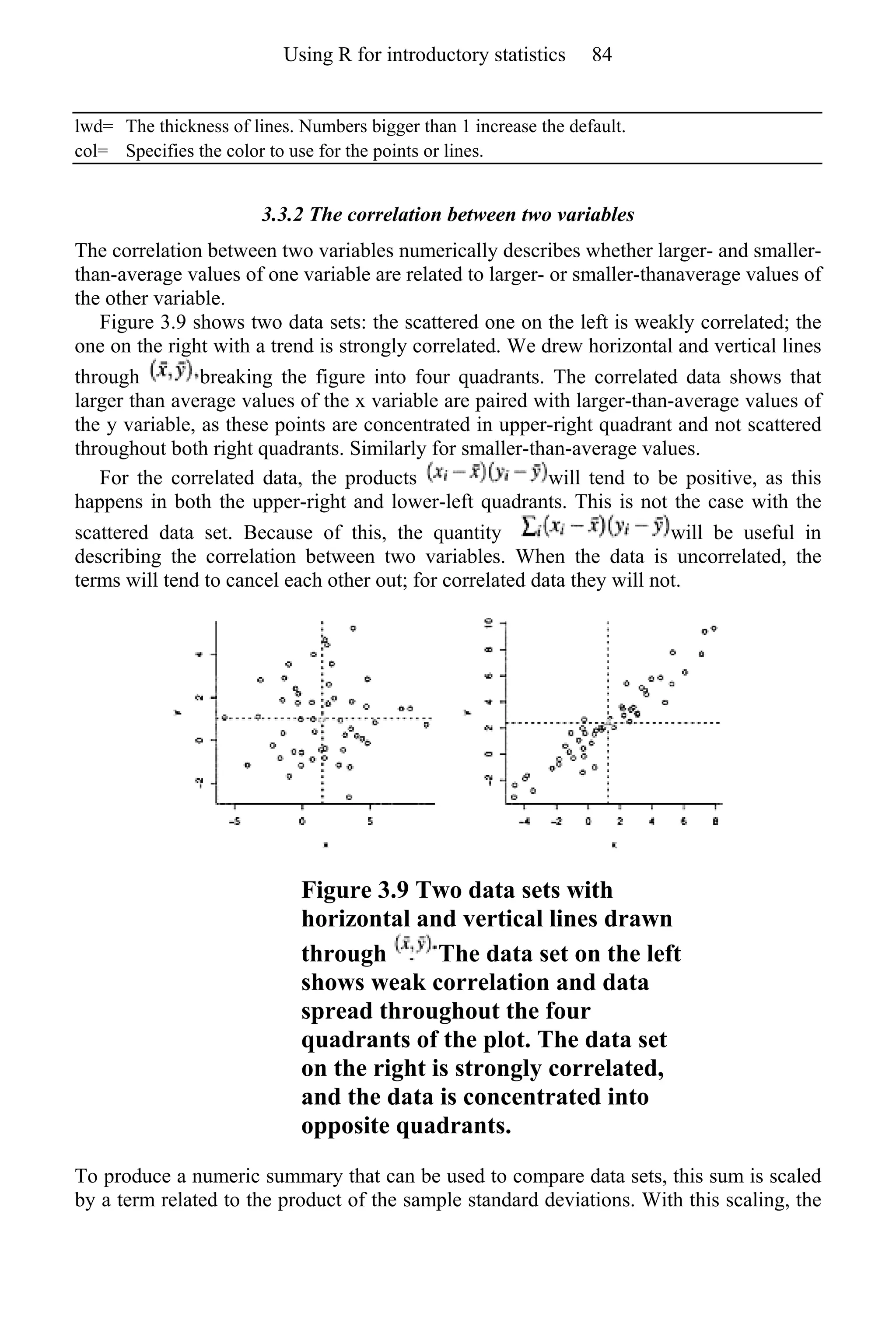 lwd= The thickness of lines. Numbers bigger than 1 increase the default.
col= Specifies the color to use for the points or lines.
3.3.2 The correlation between two variables
The correlation between two variables numerically describes whether larger- and smaller-
than-average values of one variable are related to larger- or smaller-thanaverage values of
the other variable.
Figure 3.9 shows two data sets: the scattered one on the left is weakly correlated; the
one on the right with a trend is strongly correlated. We drew horizontal and vertical lines
through breaking the figure into four quadrants. The correlated data shows that
larger than average values of the x variable are paired with larger-than-average values of
the y variable, as these points are concentrated in upper-right quadrant and not scattered
throughout both right quadrants. Similarly for smaller-than-average values.
For the correlated data, the products will tend to be positive, as this
happens in both the upper-right and lower-left quadrants. This is not the case with the
scattered data set. Because of this, the quantity will be useful in
describing the correlation between two variables. When the data is uncorrelated, the
terms will tend to cancel each other out; for correlated data they will not.
Figure 3.9 Two data sets with
horizontal and vertical lines drawn
through The data set on the left
shows weak correlation and data
spread throughout the four
quadrants of the plot. The data set
on the right is strongly correlated,
and the data is concentrated into
opposite quadrants.
To produce a numeric summary that can be used to compare data sets, this sum is scaled
by a term related to the product of the sample standard deviations. With this scaling, the
Using R for introductory statistics 84
 