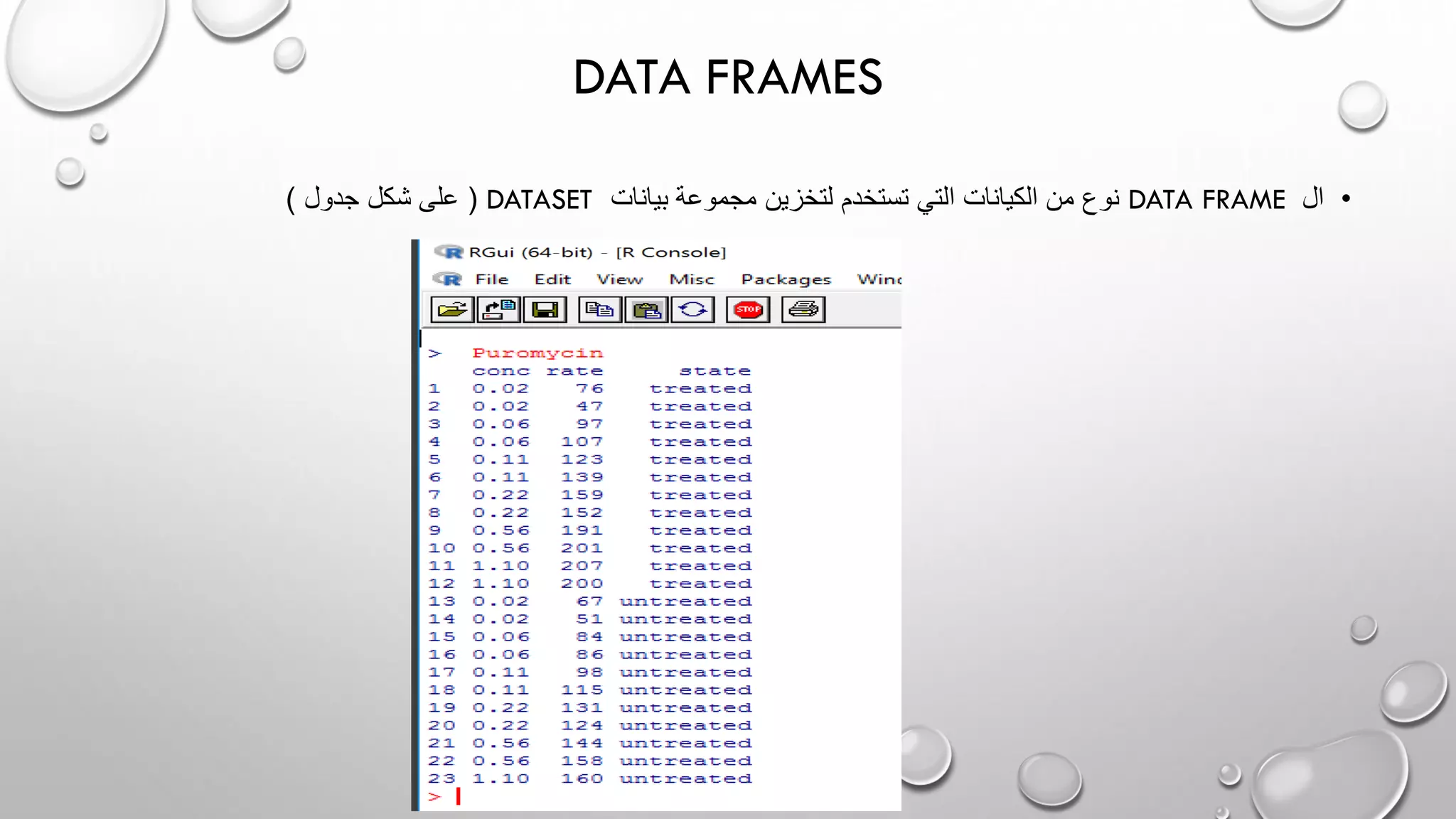 DATA FRAMES
•‫ال‬DATA FRAME‫بيانات‬ ‫مجموعة‬ ‫لتخزين‬ ‫تستخدم‬ ‫التي‬ ‫الكيانات‬ ‫من‬ ‫نوع‬DATASET(‫جدول‬ ‫شكل‬ ‫على‬)
 