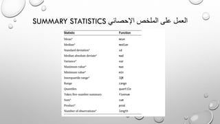 SUMMARY STATISTICS ‫اإلحصائي‬ ‫الملخص‬ ‫على‬ ‫العمل‬
 