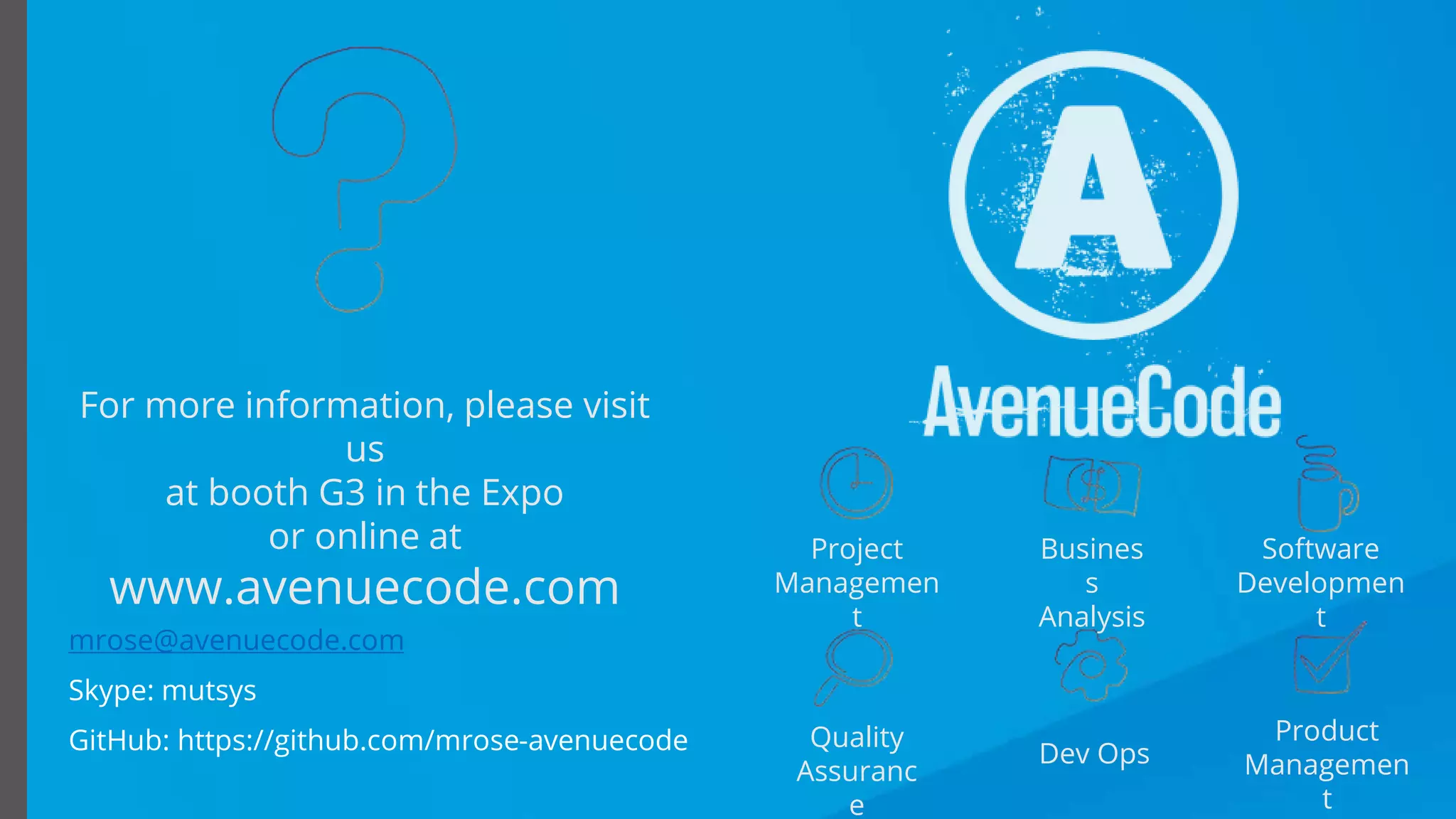 Using RAML 1.0 Like a Pro
mrose@avenuecode.com
Skype: mutsys
GitHub: https://github.com/mrose-avenuecode
For more information, please visit
us
at booth G3 in the Expo
or online at
www.avenuecode.com
Project
Managemen
t
Busines
s
Analysis
Software
Developmen
t
Quality
Assuranc
e
Dev Ops
Product
Managemen
t
 