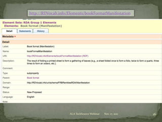 Nov. 17, 2011ALA TechSource Webinar 16
http://RDVocab.info/Elements/bookFormatManifestation
 
