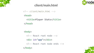client/main.html
<!-- client/main.html -->
<head>
<title>Player Stats</title>
</head>
<body>
<!-- React root node -->
<div id="app"></div>
<!-- React root node ends -->
</body>
 