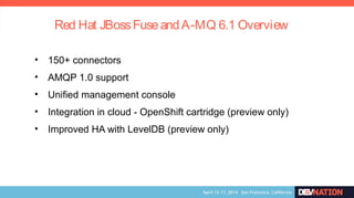 • 150+ connectors
• AMQP 1.0 support
• Unified management console
• Integration in cloud - OpenShift cartridge (preview only)
• Improved HA with LevelDB (preview only)
Red Hat JBossFuseandA-MQ 6.1 Overview
 