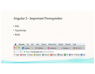 Angular 2 - Important Prerequisites
• ES6
• TypeScript
• RxJS
 