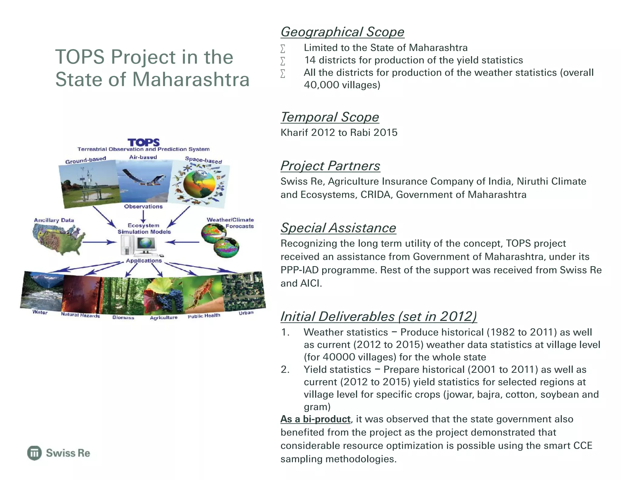 Geographical Scope
 Limited to the State of Maharashtra
 14 districts for production of the yield statistics
 All the districts for production of the weather statistics (overall
40,000 villages)
Temporal Scope
Kharif 2012 to Rabi 2015
Project Partners
Swiss Re, Agriculture Insurance Company of India, Niruthi Climate
and Ecosystems, CRIDA, Government of Maharashtra
Special Assistance
Recognizing the long term utility of the concept, TOPS project
received an assistance from Government of Maharashtra, under its
PPP-IAD programme. Rest of the support was received from Swiss Re
and AICI.
Initial Deliverables (set in 2012)
1. Weather statistics – Produce historical (1982 to 2011) as well
as current (2012 to 2015) weather data statistics at village level
(for 40000 villages) for the whole state
2. Yield statistics – Prepare historical (2001 to 2011) as well as
current (2012 to 2015) yield statistics for selected regions at
village level for specific crops (jowar, bajra, cotton, soybean and
gram)
As a bi-product, it was observed that the state government also
benefited from the project as the project demonstrated that
considerable resource optimization is possible using the smart CCE
sampling methodologies.
TOPS Project in the
State of Maharashtra
 