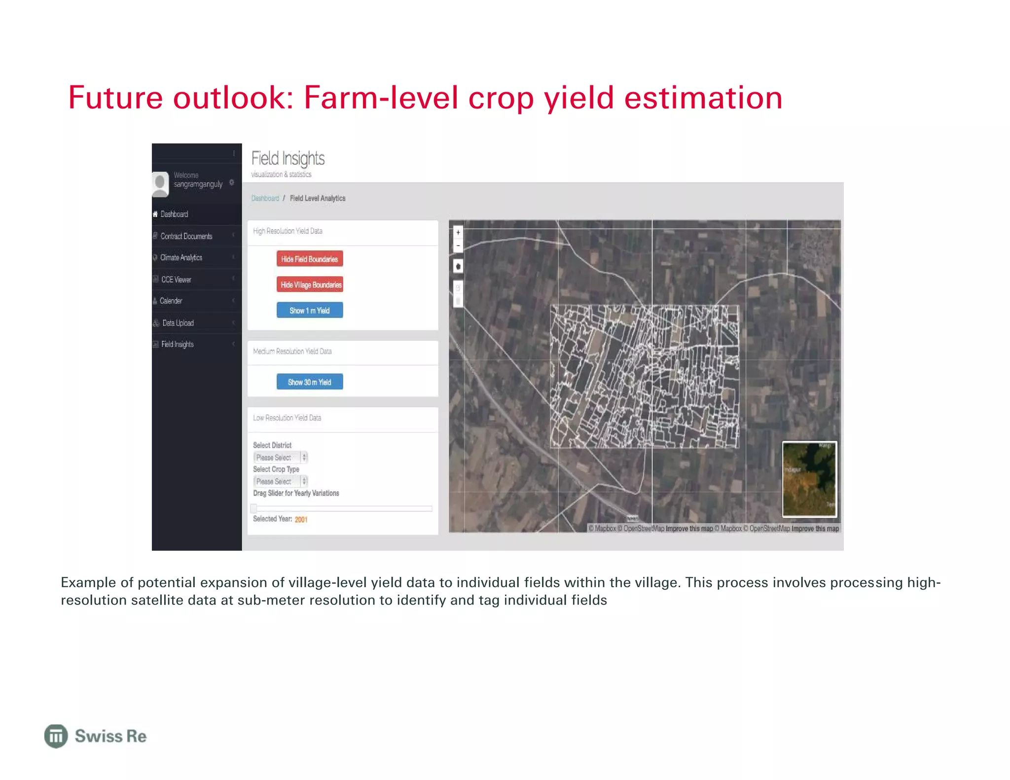 Example of potential expansion of village-level yield data to individual fields within the village. This process involves processing high-
resolution satellite data at sub-meter resolution to identify and tag individual fields
Future outlook: Farm-level crop yield estimation
 